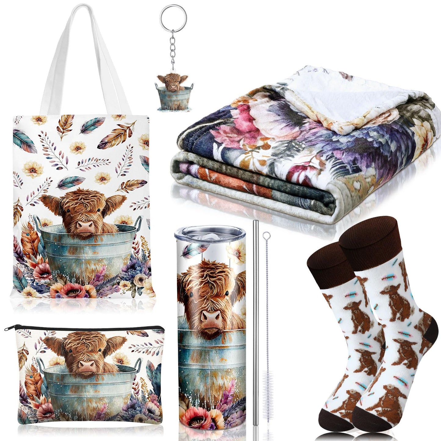 Tiangrid 6 Pcs Highland Cow Gifts for Women Include 20 oz Stainless Steel Tumbler with Lid and Straw Cosmetic Bag Throw Blanket Keychain Socks Handbag for Women Girls(Multicolor)