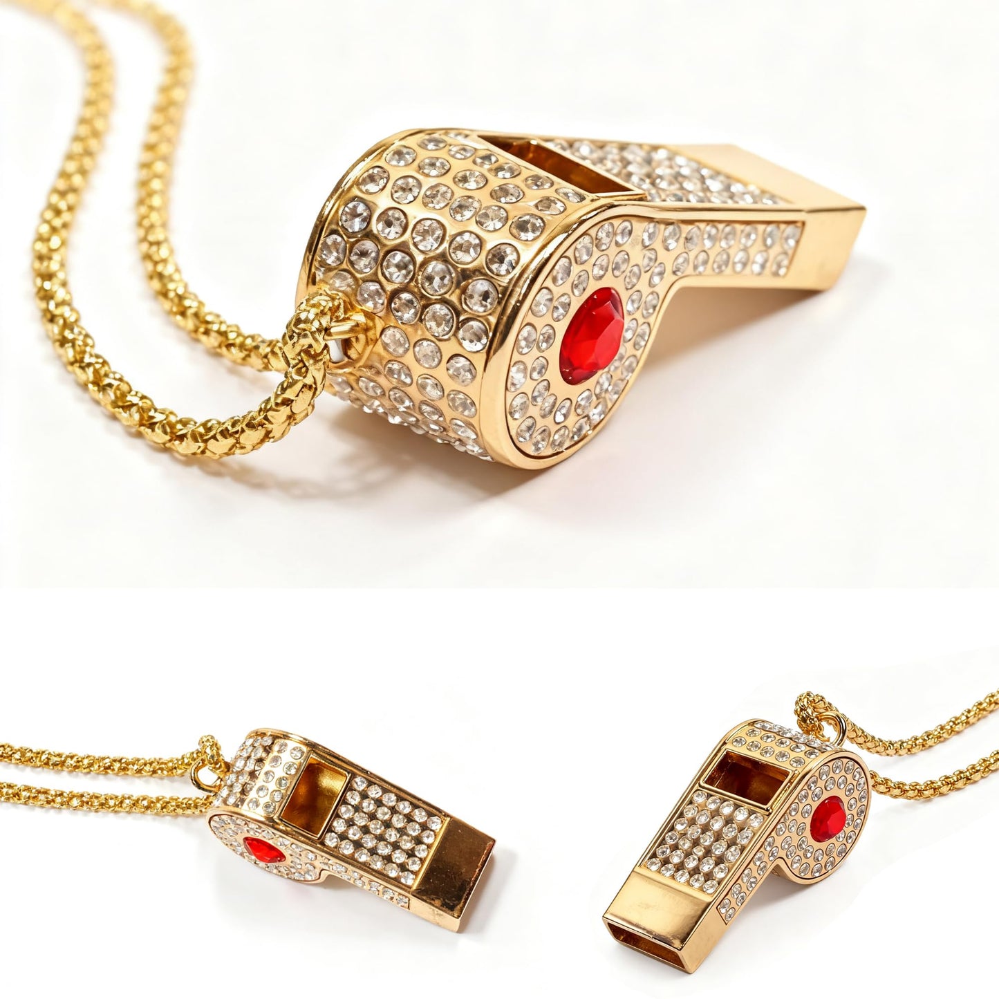 PCTC Shining Whistle,Crystal-Encrusted Metal Whistle with Decorative Chain Great for Referees, Coaches Party and Gift Accessory[Gold Exterior] (Red)