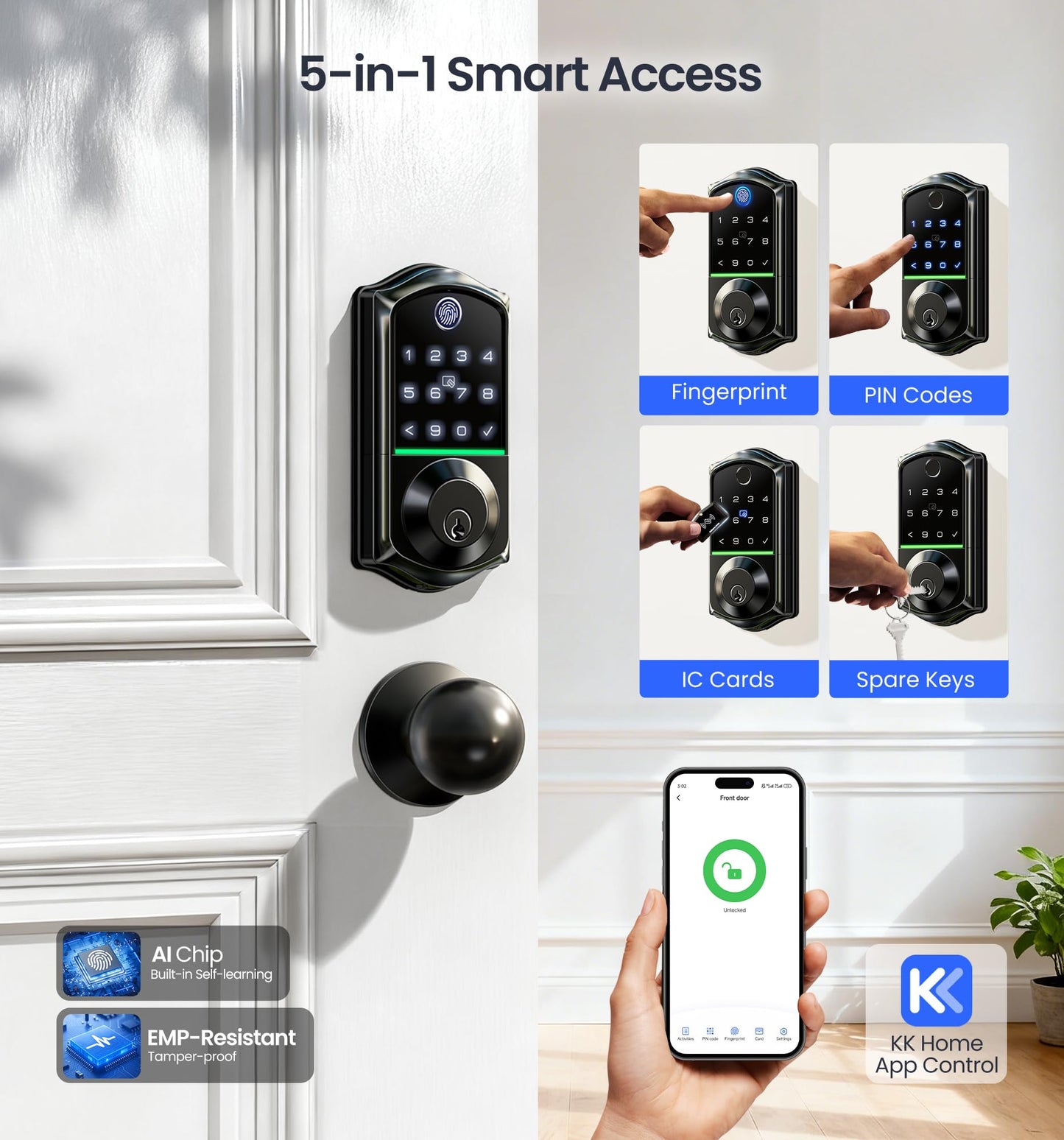 Veise VE017-K Fingerprint Smart Lock with 2 Knobs, App Control, Keyless Entry Front Door Lock Set, Electronic Touchscreen Keypad Deadbolt, Emergency Power Port, Easy Install, Auto-Lock, Matte Black