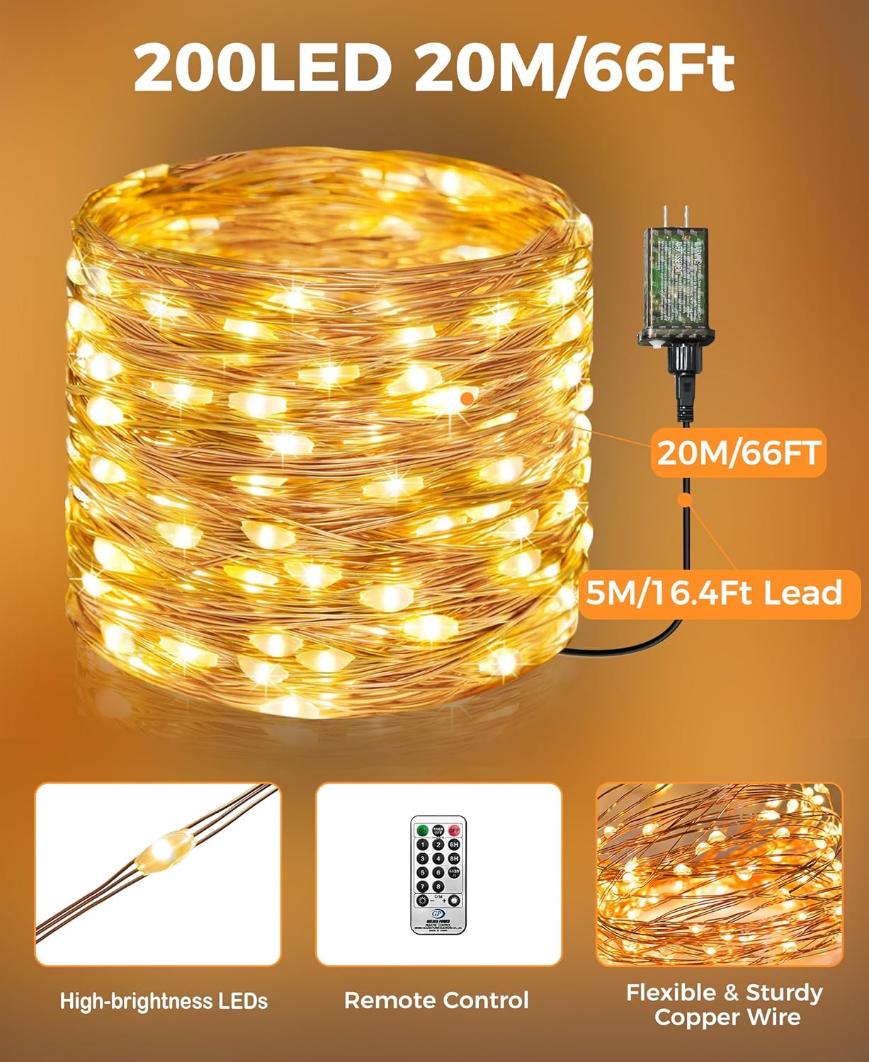 Skiennix 66 Ft LED Fairy Lights - 200 Remote-Controlled Twinkle Lights with 8 Modes & Timer | Warm White