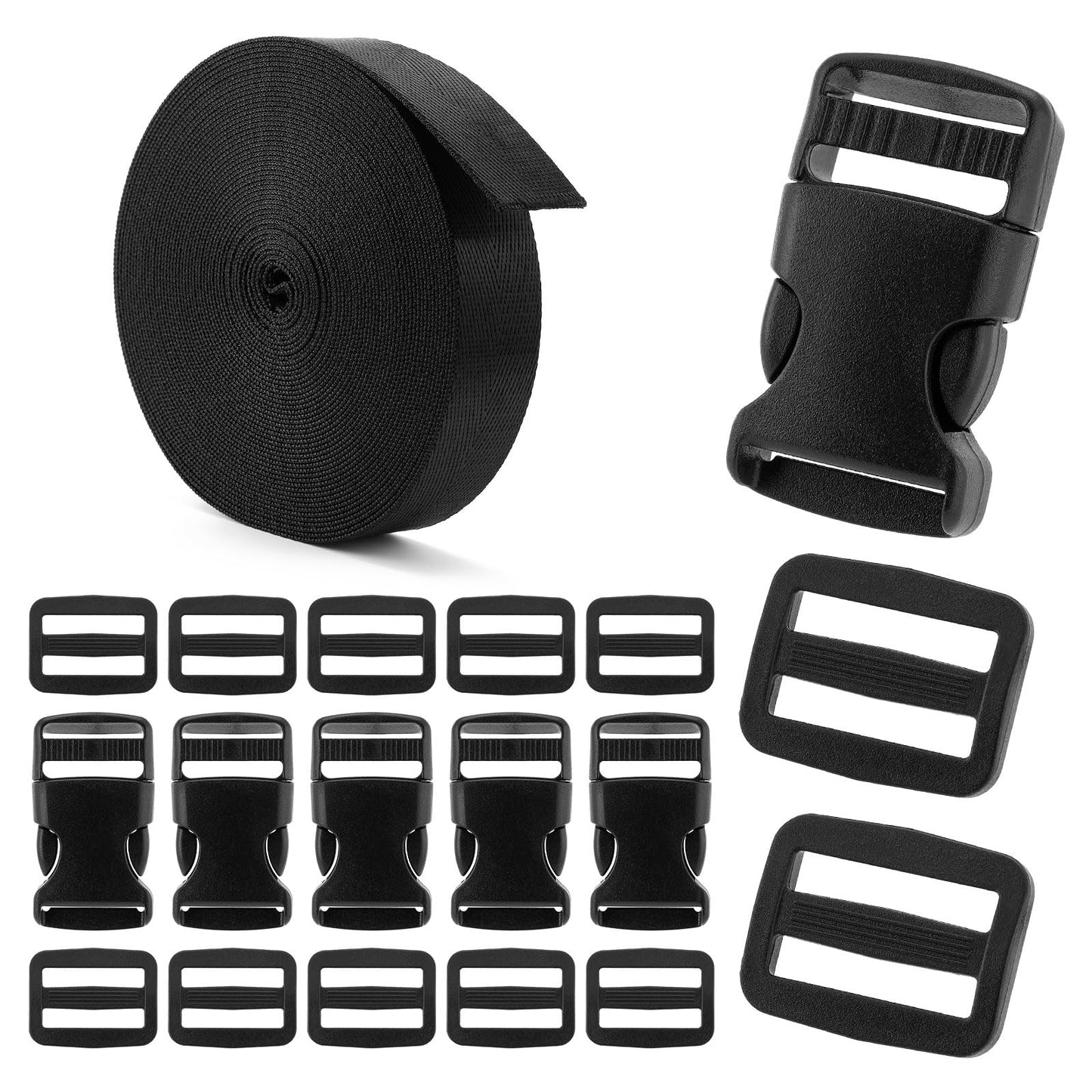 UQW Buckles and Straps Combo Set,10 Yards Nylon Webbing 1 Inch Wide with 6 Dual Adjustable Side Release Plastic Buckles, 12 Pcs Tri-Glide Slider Clips (1" Set Black)