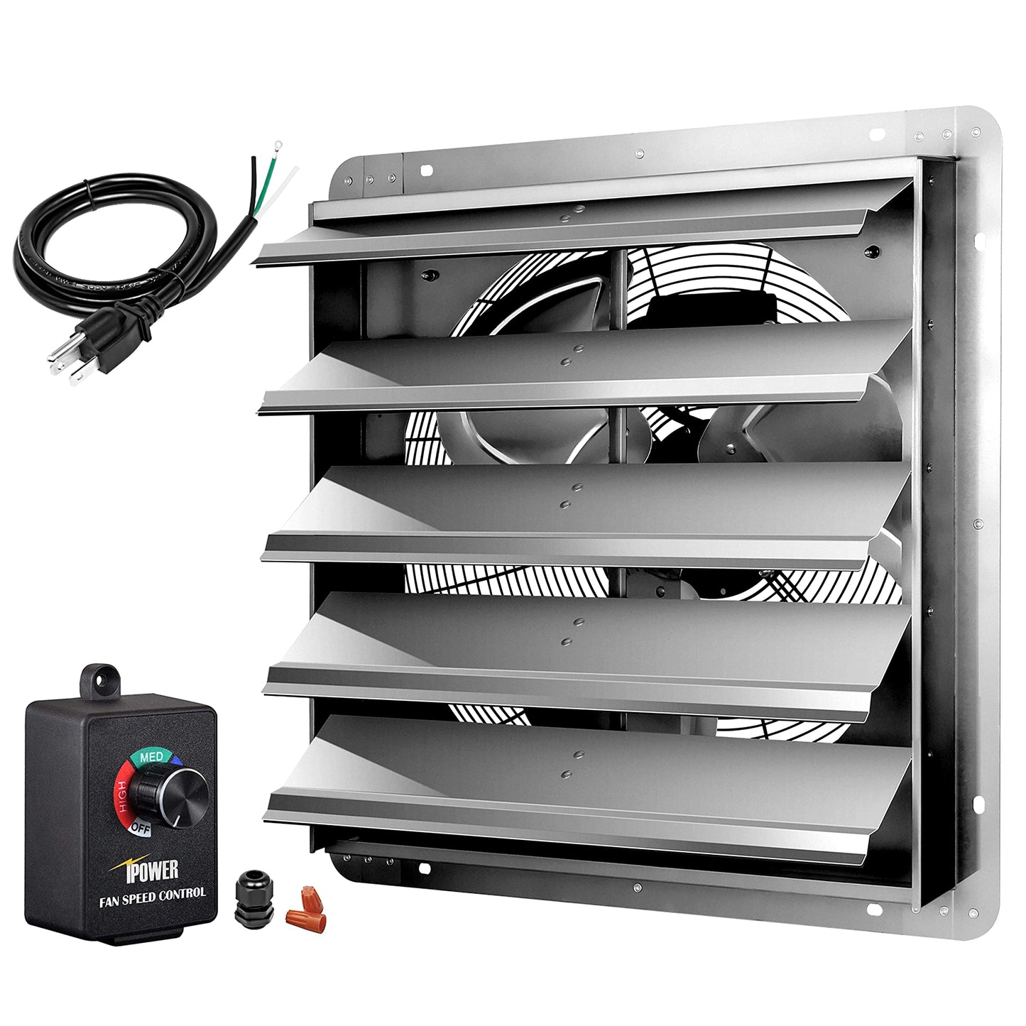 iPower 24 Inch Wall Mounted Shutter Exhaust Fan with Speed Controller and Power Cord Kit, Aluminum, 1400 RPM, 4016 CFM, for Attic, Garage, Louvered Vent, Plant, Greenhouse, Silver