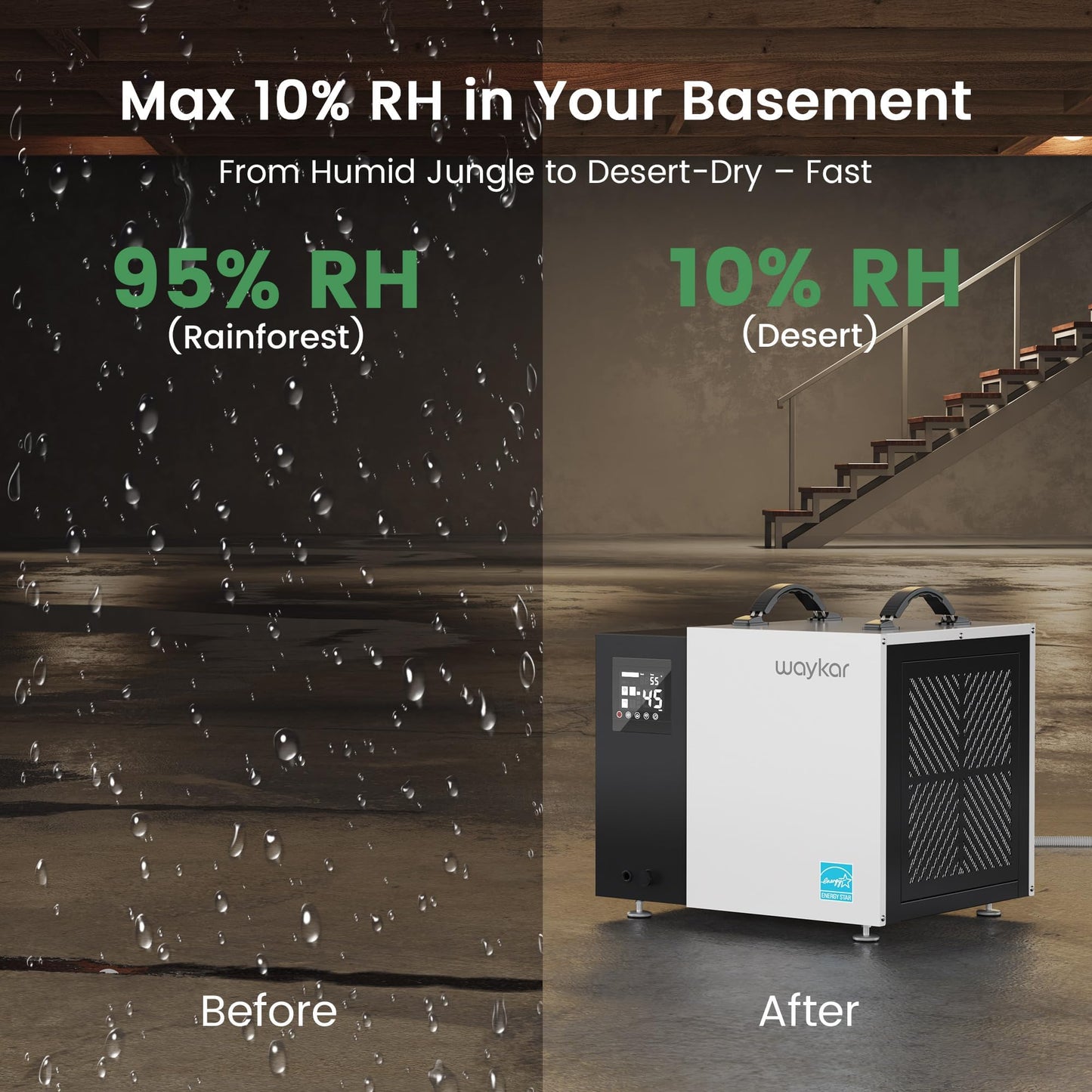 Waykar 70 Pint Energy Star Crawl Space Dehumidifier with Drain Hose for Basements, Commercial & Water Damage Spaces up to 5000 Sq. Ft., Compact, Strong Dehumidification, 5-Year Quality Coverage
