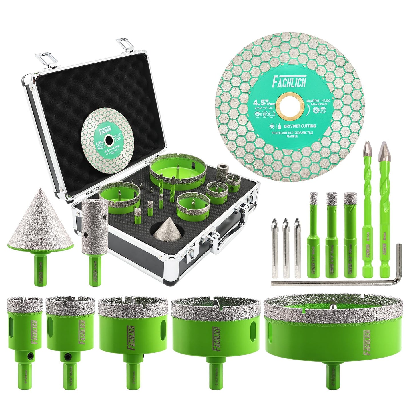 FACHLICH Tile Hole Saw Kit - 16pcs Diamond Hole Saw (6/8/10/25/35/50/65/100mm) with Finger Bit and Chamfer Bit, Tile Drill Bits for Porcelain Ceramic Marble Brick Granite