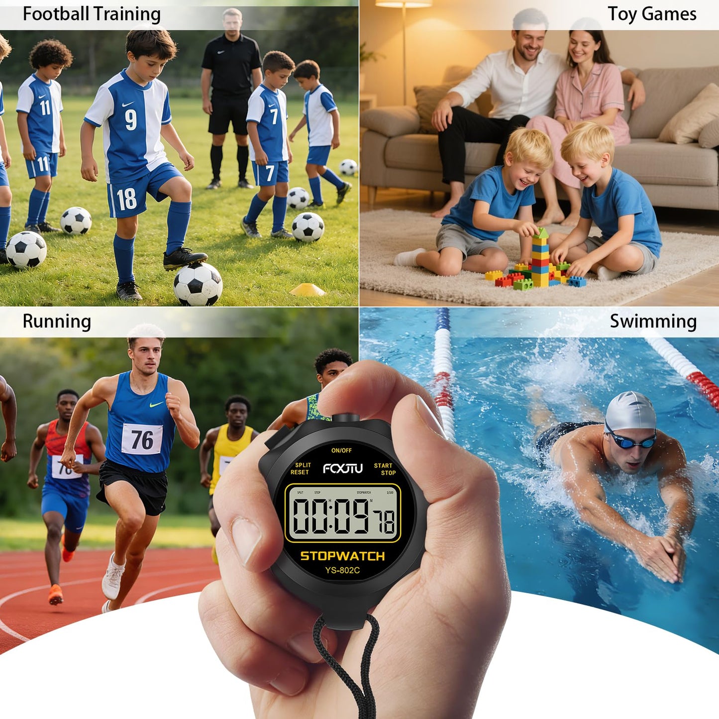 FCXJTU Simple Digital Sports Stopwatch Timer, No Bells, No Clock, No Alarm, Simple Basic Operation, Silent, ON/Off, Pure Stopwatch for Swimming Running Training Kids Coaches Referees Teachers (Black)