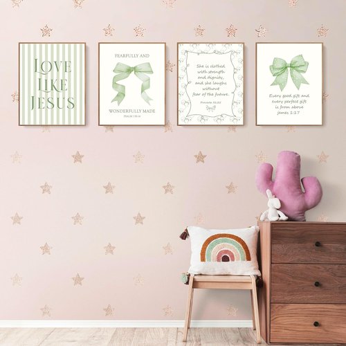 LARTSFRO Coquette Wall Art Decor - Sage Green Bow Posters with Inspirational Bible Verses | 8x10 Inch Set of 4 Unframed