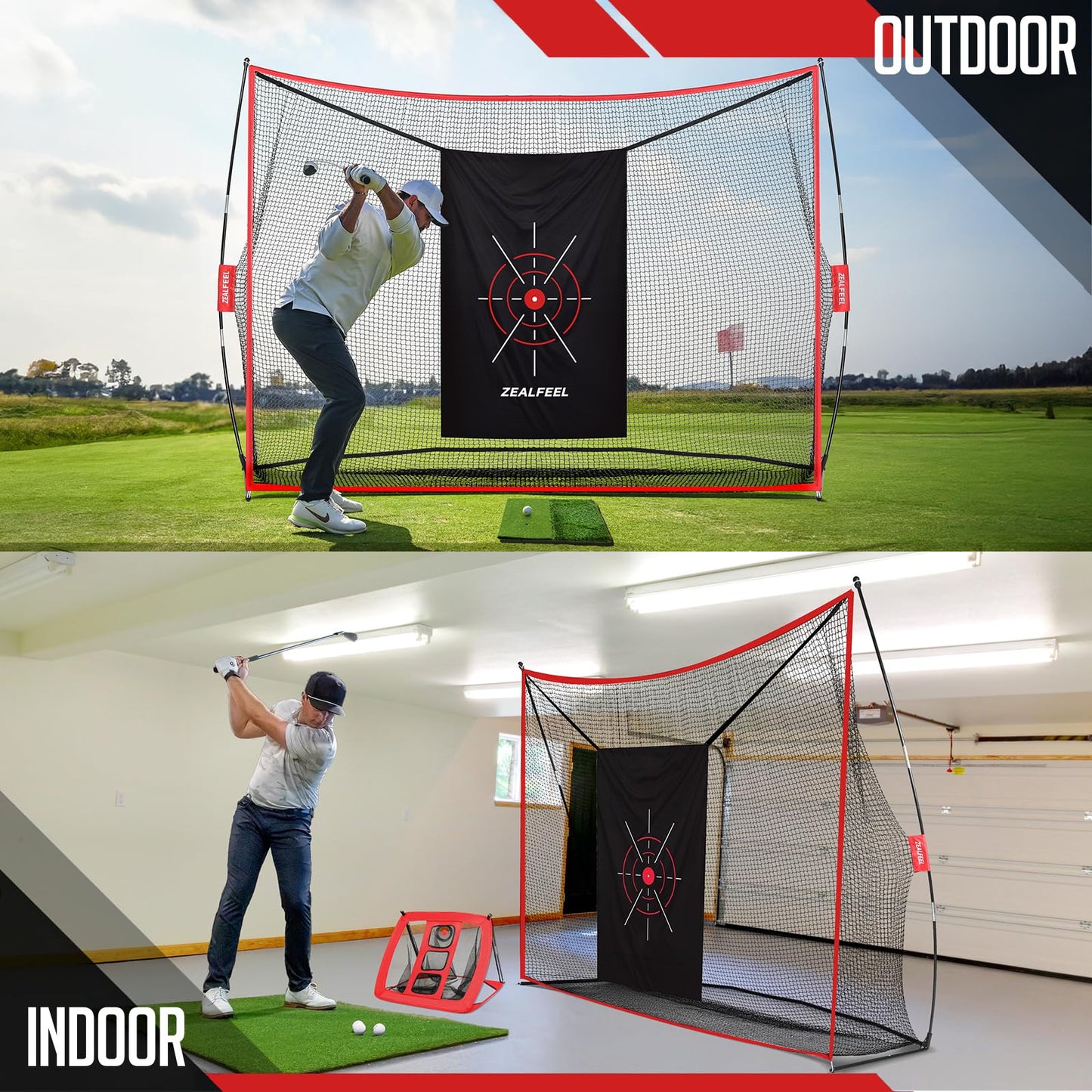 ZEALFEEL Golf Net, 10x7ft Practice Net with Chipping Net, Foldable Mat, Silk Target, 8 Tees, 6 Balls, Carry Bag, Golf Hiting Nets for Backyard Driving Chipping Indoor Outdoor Use