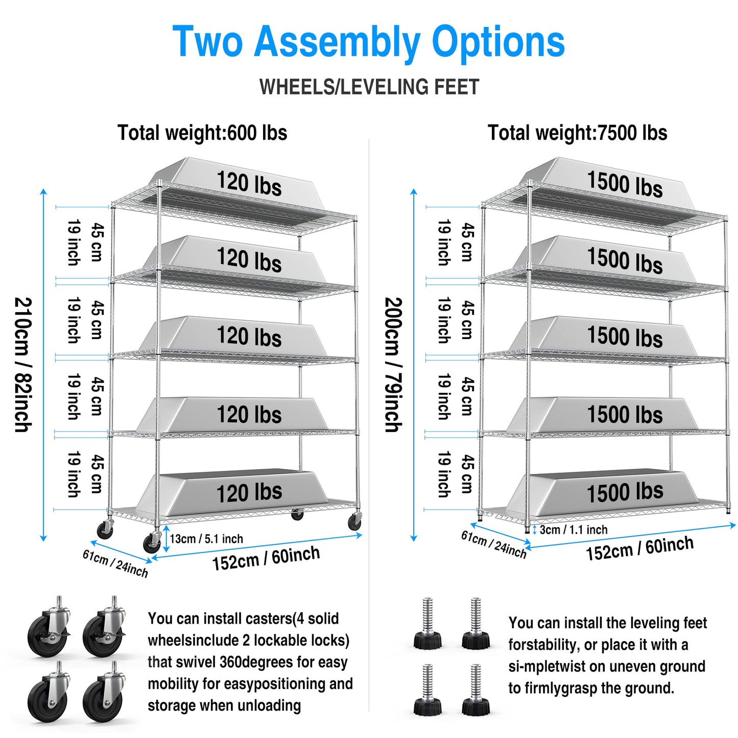 5 Tier 7500lbs Capacity NSF Metal Shelf Wire Shelving Unit, Heavy Duty Adjustable Storage Rack with Wheels & Shelf Liners for Commercial Grade Utility Steel Storage Rack, Chrome - 82"H x 60"L x 24"D