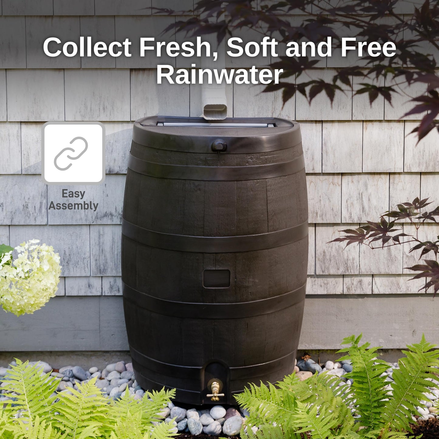 RTS Home Accents 50-Gallon Rain Barrel with Brass Spigot, Flat Back Rain Water Collection Barrel, Walnut Color