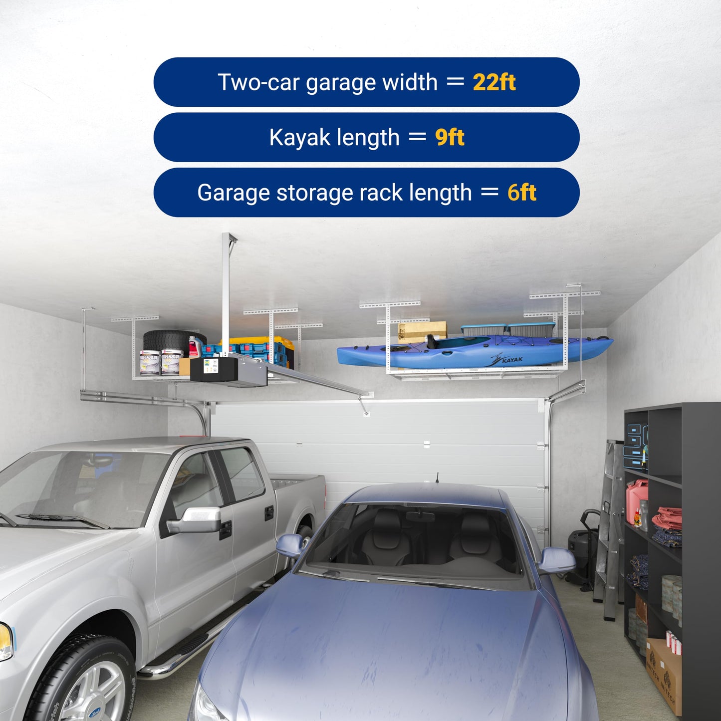 FLEXIMOUNTS 3x6 Overhead Garage Storage Adjustable Ceiling Rack 72" Length x 36" Width x 40" Height, 450lbs Weight Capacity, White, Classic Series