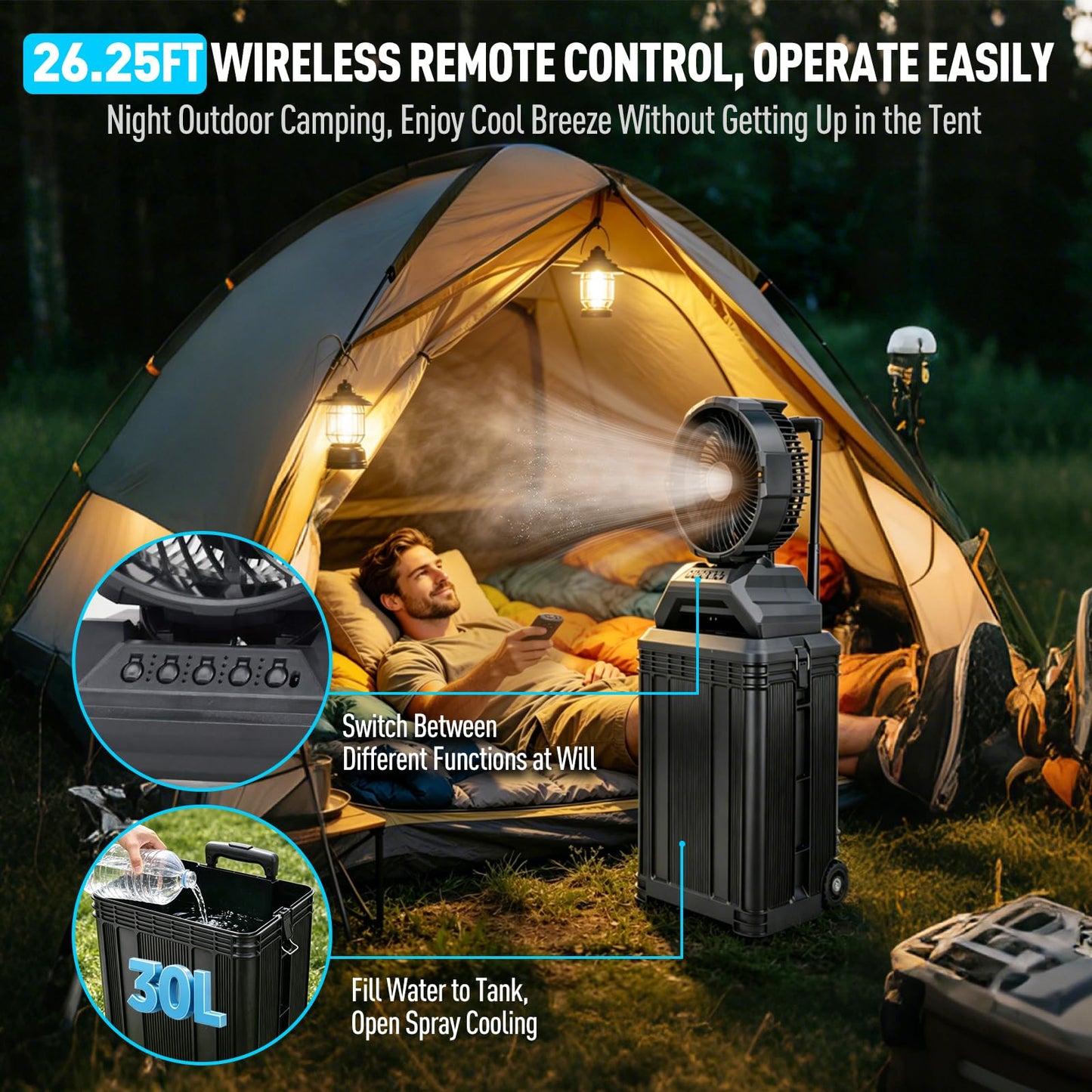 ZMLBTF Portable Misting Fan, 30L Water Tank Rolling Mist Fan, 30000mAh Rechargeable Outdoor Cooling Fan with Remote, 4 Speeds, 90° Oscillation, for Patio, Camping, Sports, Outside & Travel (Black)