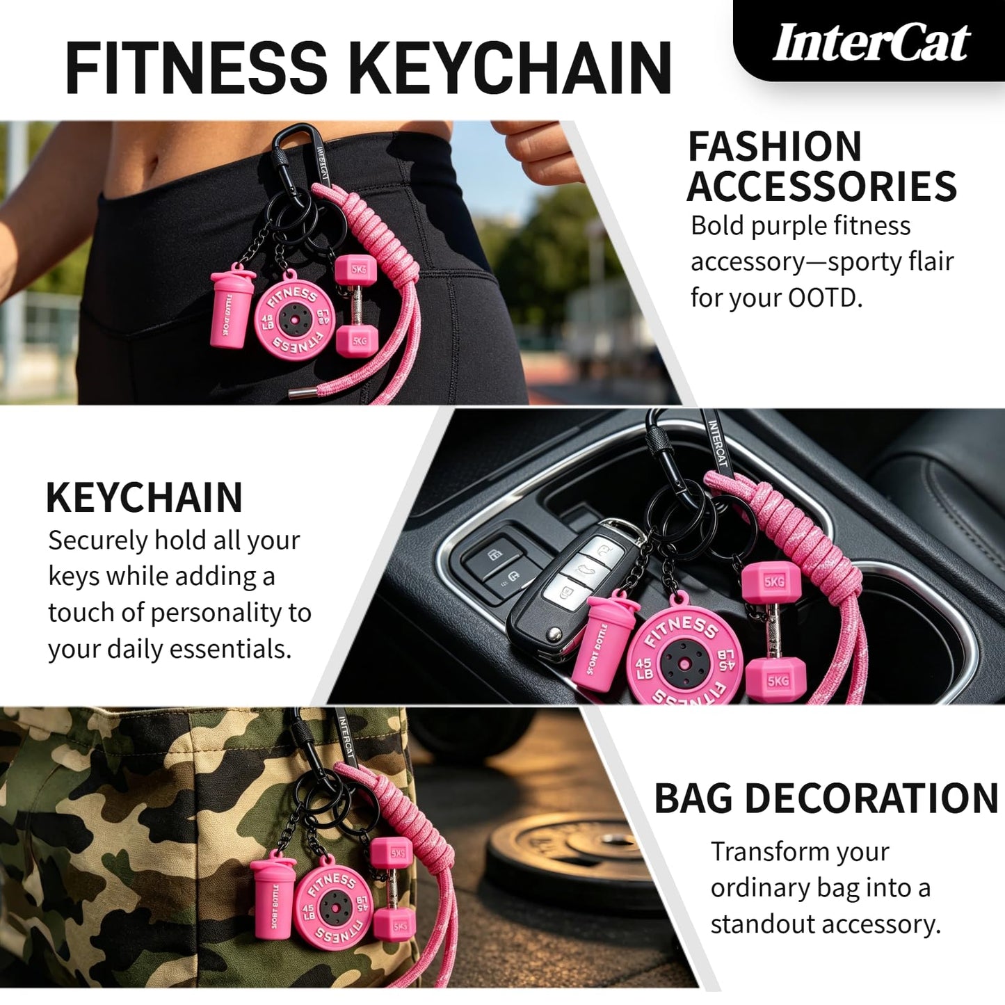 InterCat Gym Keychain accessories for women,Fitness Keychain Set,Cute bag gym charms workout accessories,Pink Silicone Mini Dumbbell Weight Bottle, Fitness Gifts for Men Women