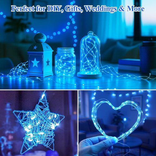 Lakumu Fairy Lights - 6-Pack Battery Operated 20 LED Waterproof Silver Wire for Mason Jars | Blue 7FT Decor