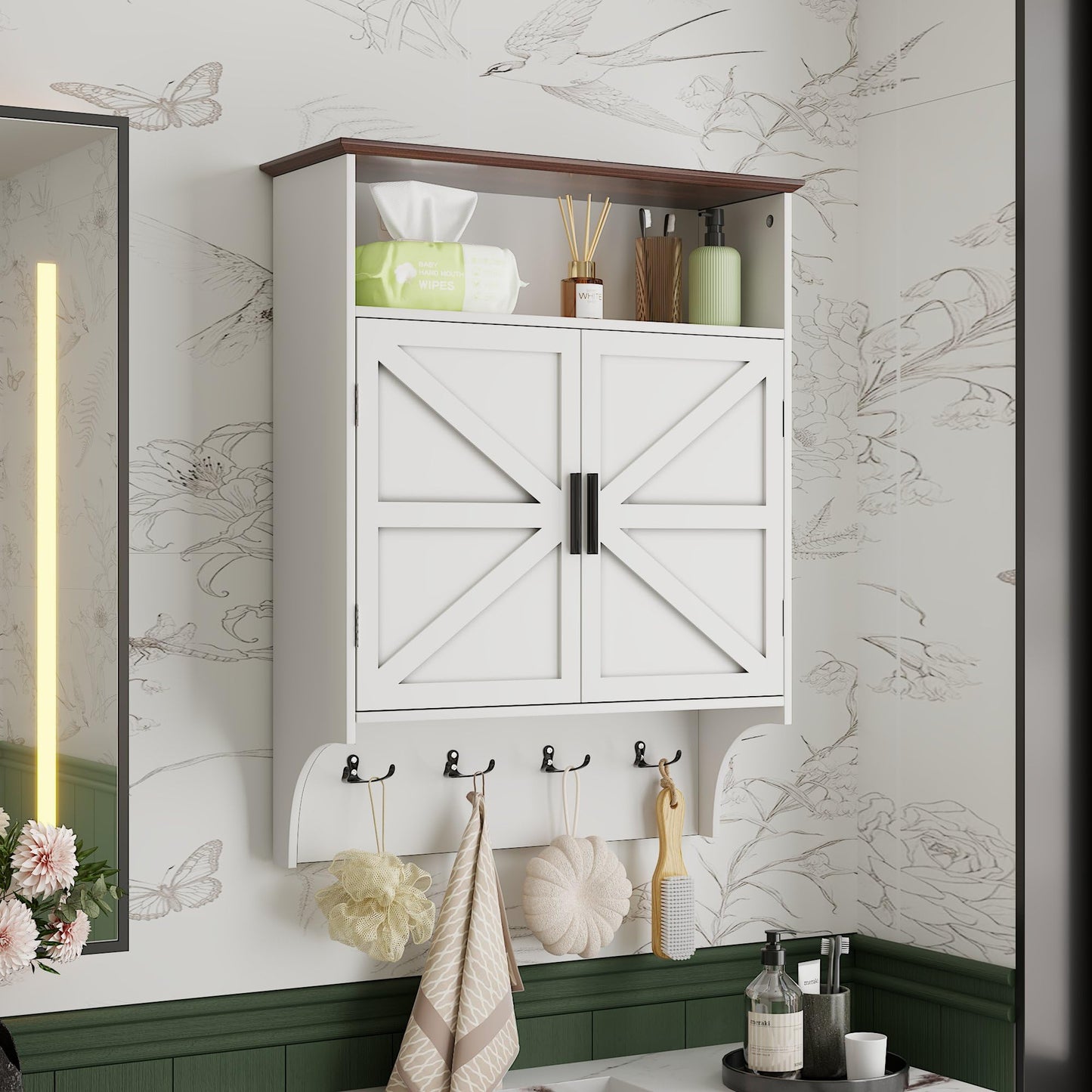 VECELO Farmhouse Bathroom Wall Cabinet, Medicine Cabinet with 4 Hooks, Wall Mounted Storage Cabinet with Open Partition and Adjustable Shelves for Bathroom, Kitchen, Laundry Room, White