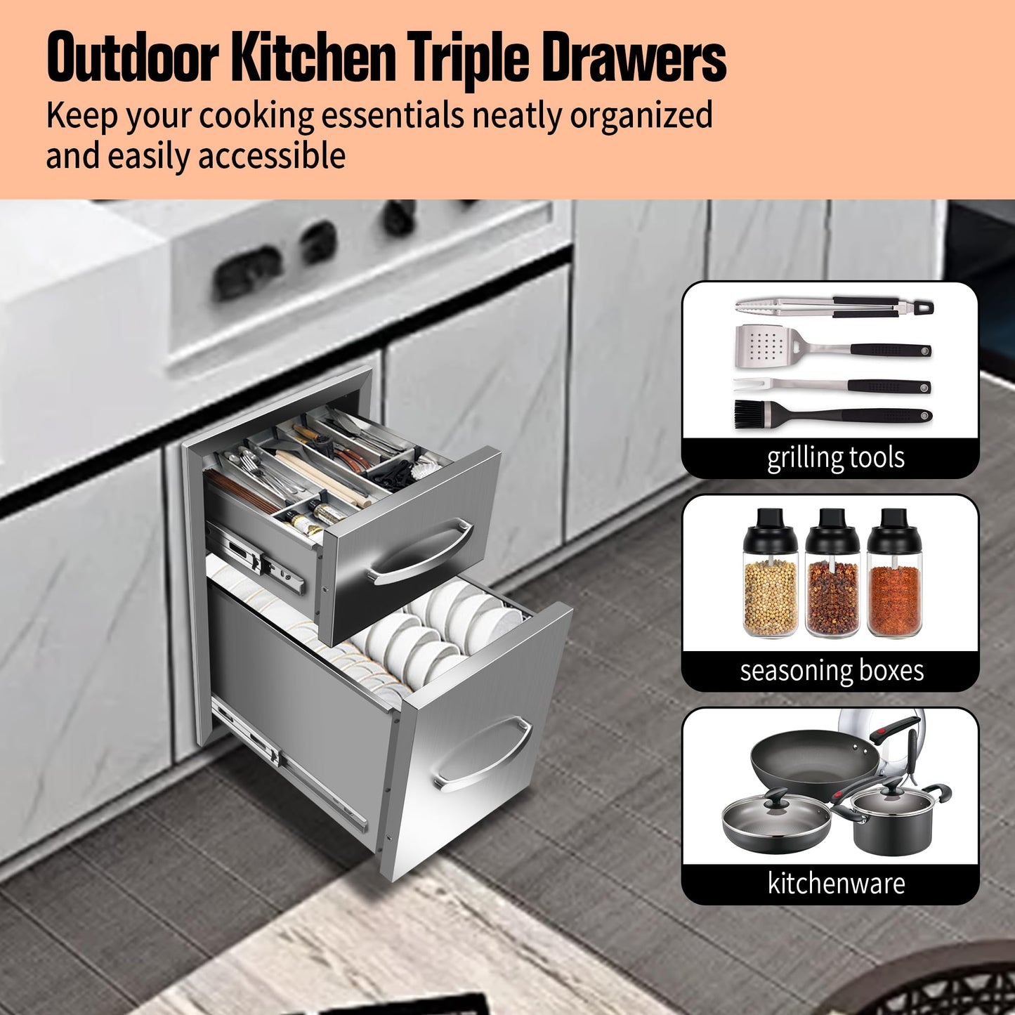 Migoda Outdoor Kitchen BBQ Drawers Stainless Steel Built-in with Handle Weatherproof Storage for Outdoor Grill Station Accessories (13''W x 20.5''H x 21''D)
