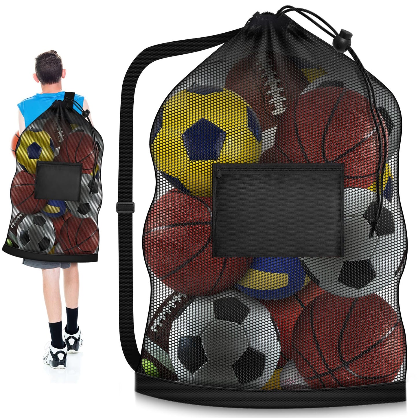 Hoiny Extra Large Soccer Ball Bag, 40" x 30" Drawstring Mesh Ball Bag with Pocket, Heavy Duty Sport Net Sack for Coaches, Storage Bag for Basketball, Volleyball, Gym Equipment, Swimming Gear (1)