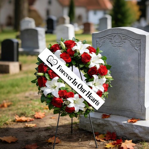 Elegant Funeral Wreath Sash - Forever in Our Hearts Memorial Ribbon for Graves & Wreaths (White)