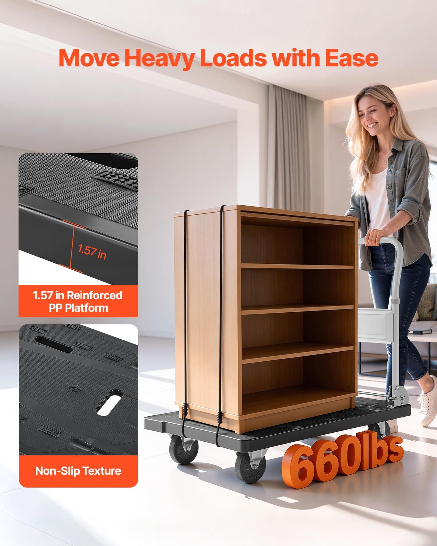 VEVOR Foldable Push Cart Dolly, 660 lbs Capacity, Folding Platform Truck with Swivel Wheels, Moving Platform Hand Truck Flatbed Cart, Space Saving Push Handle, for Easy Storage, 35.2 x 23.4 x 33.5 in