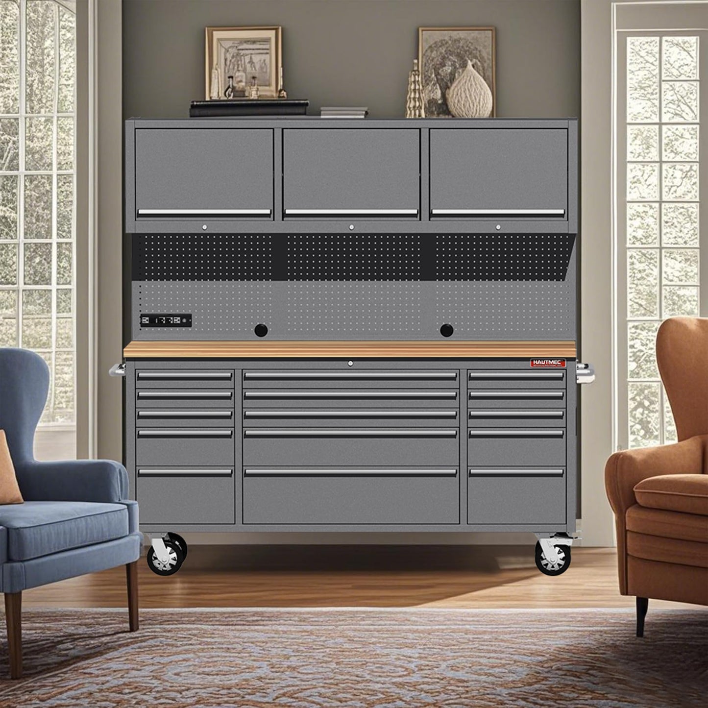 HAUTMEC 72" Rolling Tool Chest, Heavy-Duty Tool Cabinet with Wheels, Garage Workbench with 15 Drawers, 3 Upper Cabinets, Pegboard & 51 Hooks, Oak Worktop & Power Strip – HT0428