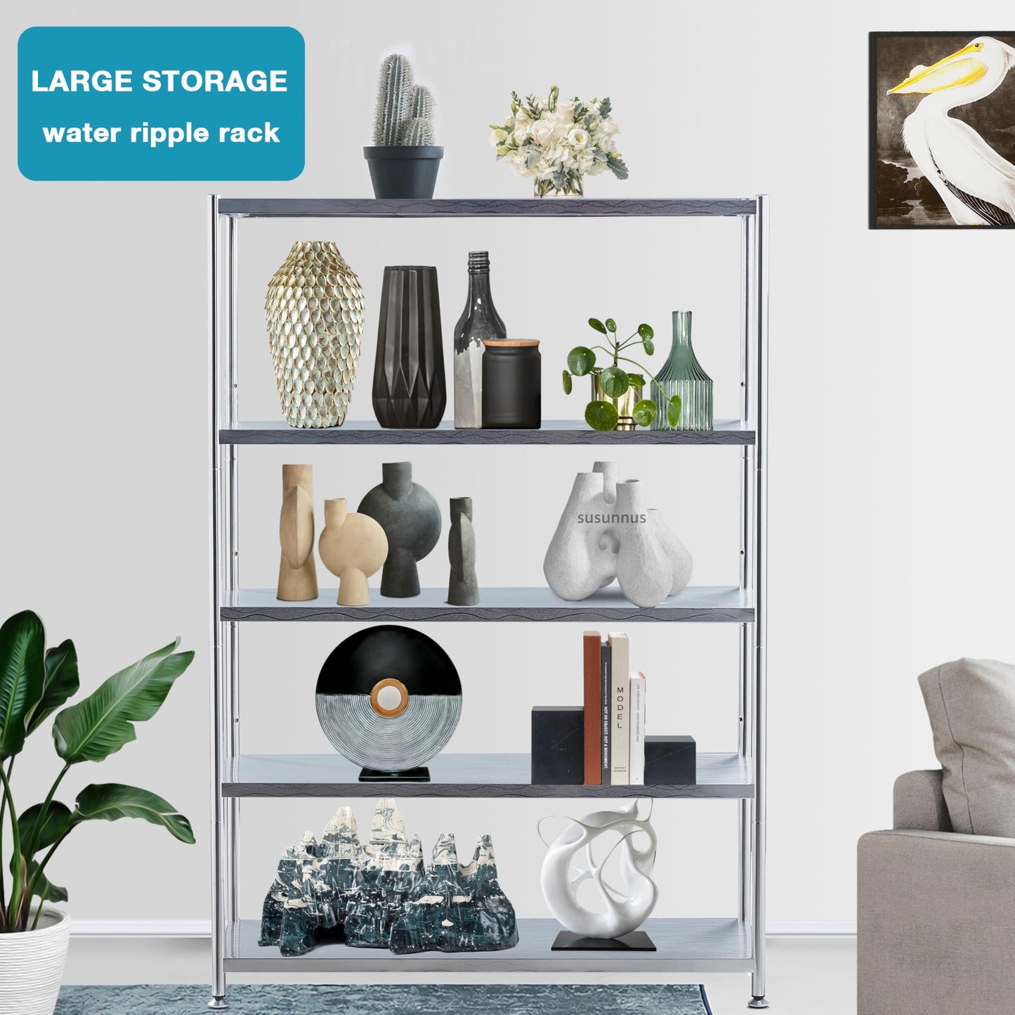 susunnus Stainless Steel Shelves 39.4in-5 Tier, Stainless Steel Shelf Organizer, Kitchen Storage Shelves, Artistic Texture, Pragmatic & Sturdy & Waterproof