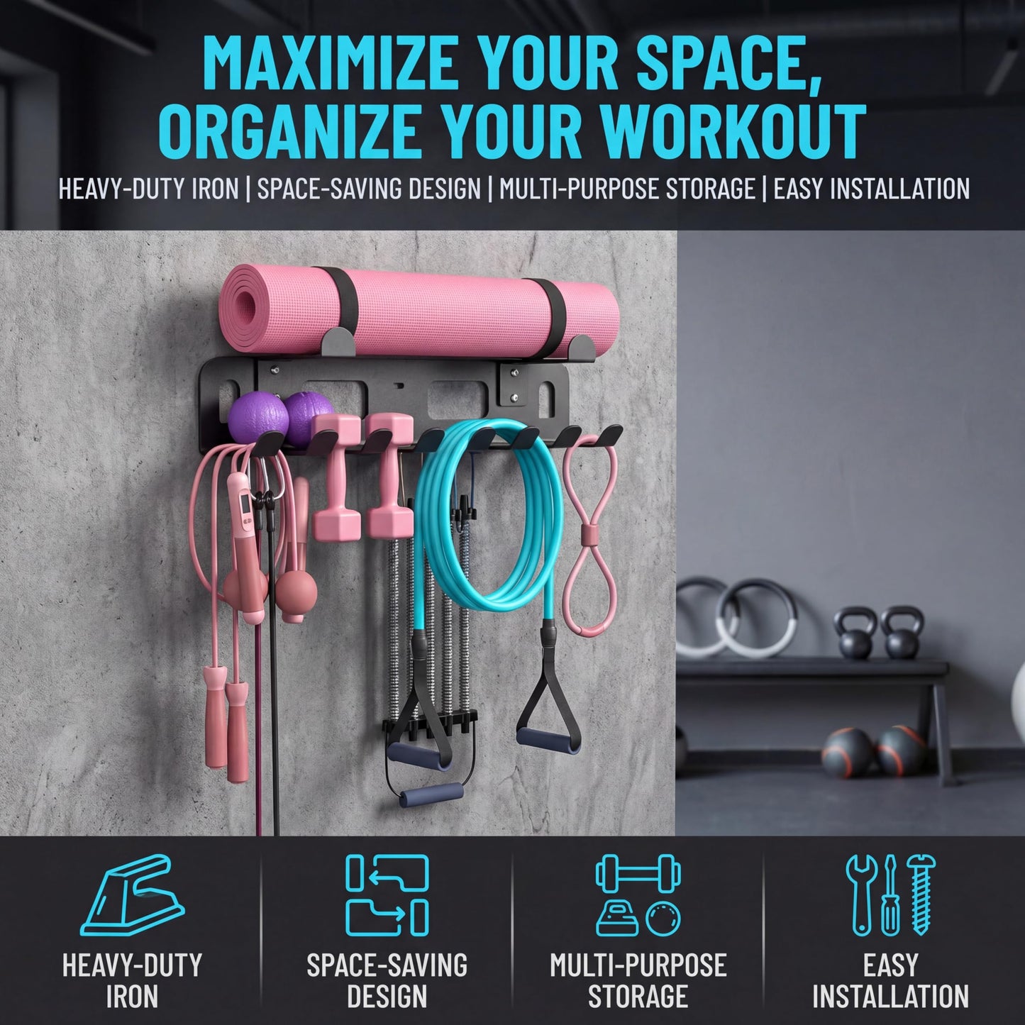 Heavy-Duty Metal Gym Storage Rack, Wall-Mounted Multi-Purpose Home Gym Organizer for Yoga Mat, Resistance Bands, Jump Ropes, Weight Belts - Space-Saving Garage Gym Storage with Removable Hooks