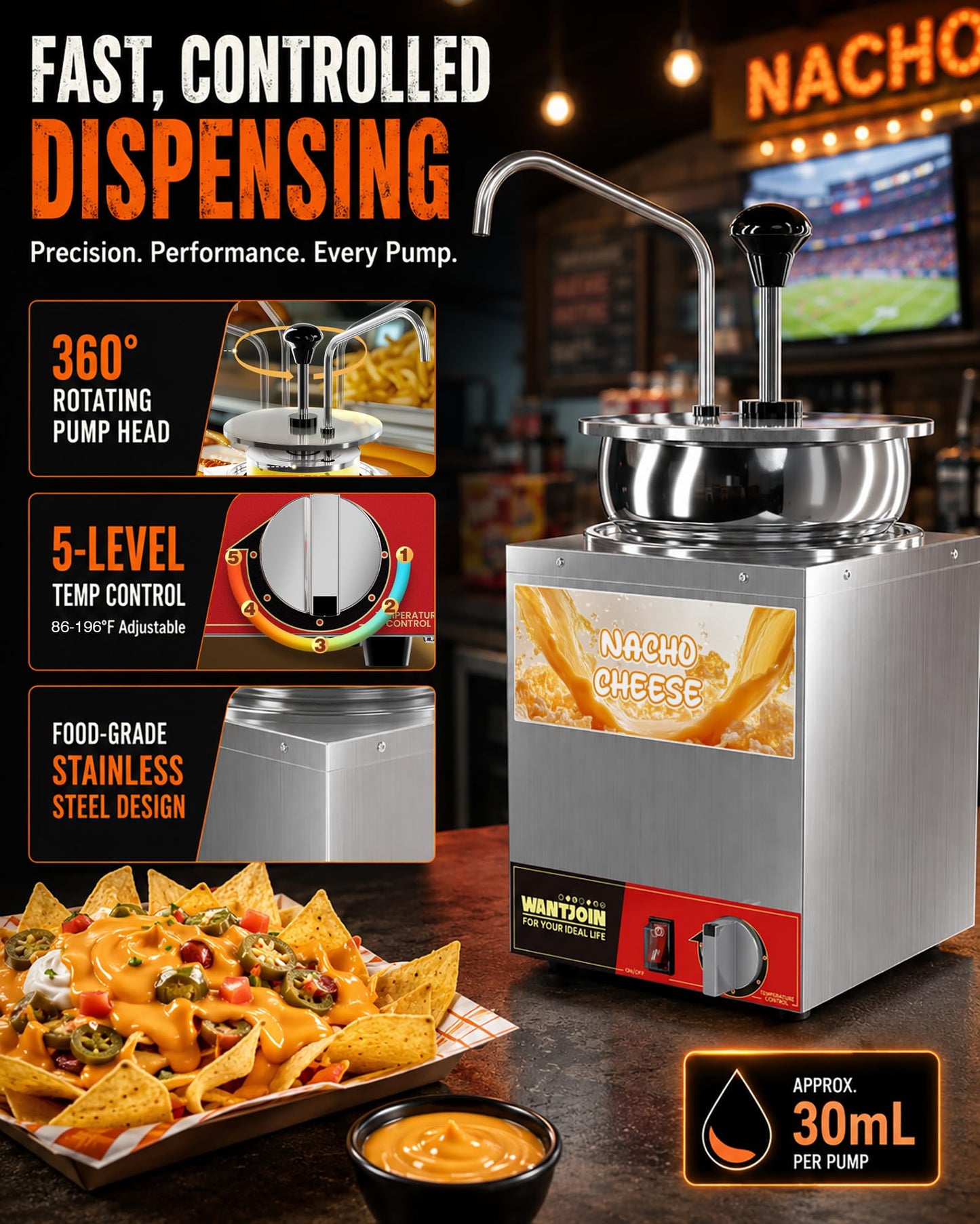 WantJoin Nacho Cheese Dispenser with Pump - 4.6QT Commercial Stainless Steel Warmer with 86-185°F Temperature Control for Hot Fudge, Caramel & Sauces
