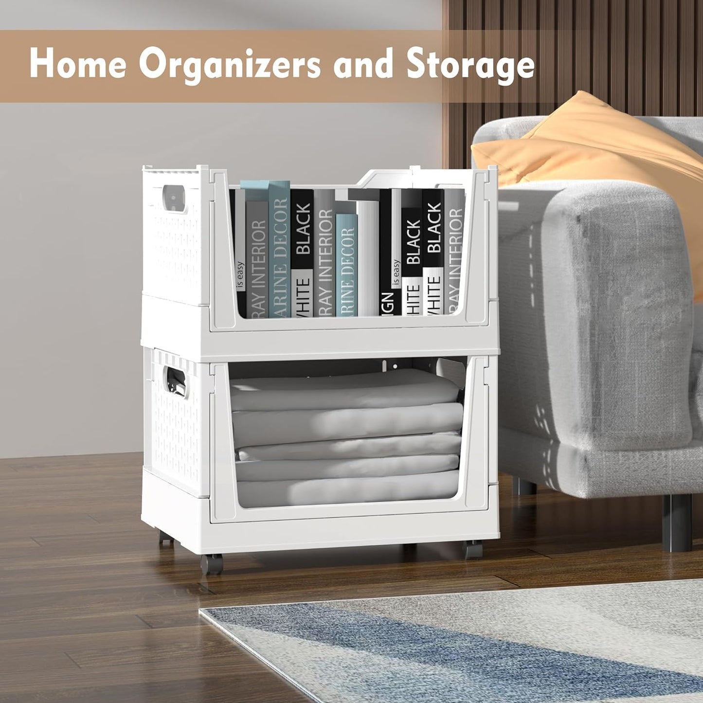 Stackable Plastic Storage Baskets by [Brand Name] - 3 Pack Foldable Organizers with Wheels | Versatile Storage for Home & Office