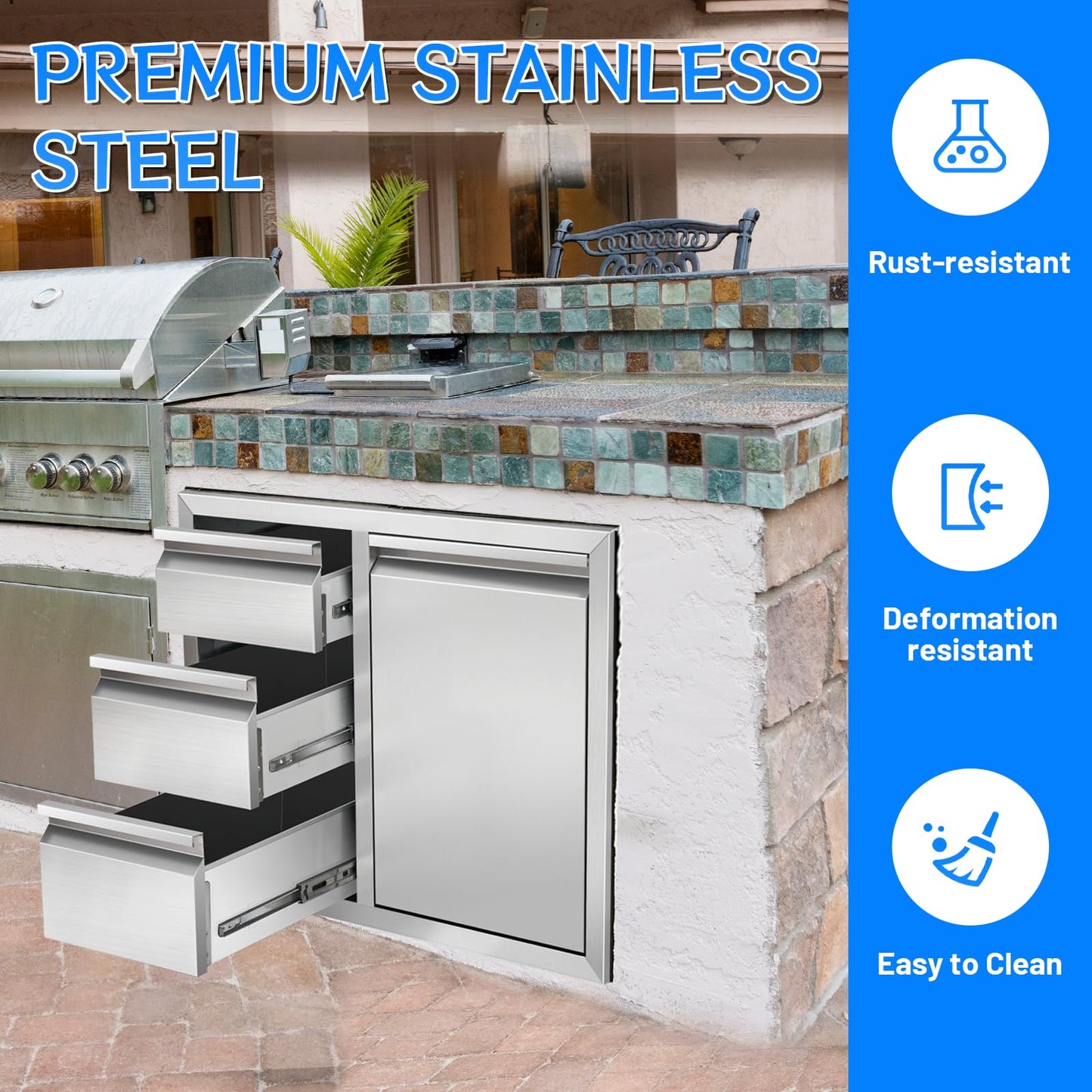 Duluciate Outdoor Kitchen Drawer Combo, Stainless Steel Triple Drawer Cabinet with Built-in Trash Bin Drawer & Two Trash Cans, 28" W x 22" H x 19.5" D Outdoor Kitchen Storage for BBQ Grill Islands