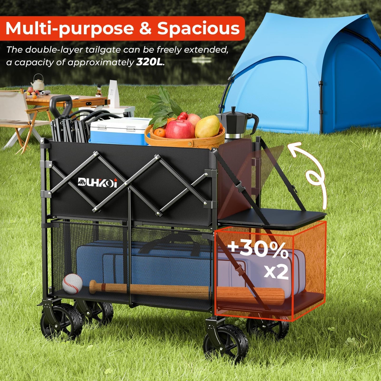 DUHKOI Double Decker Collapsible Wagon with Brakes, Folding Utility Cart with Big All-Terrain Wheels, 2-Tier Wagon for Camping Gear, Sports, Groceries, Shopping, Garden & Outdoor Use