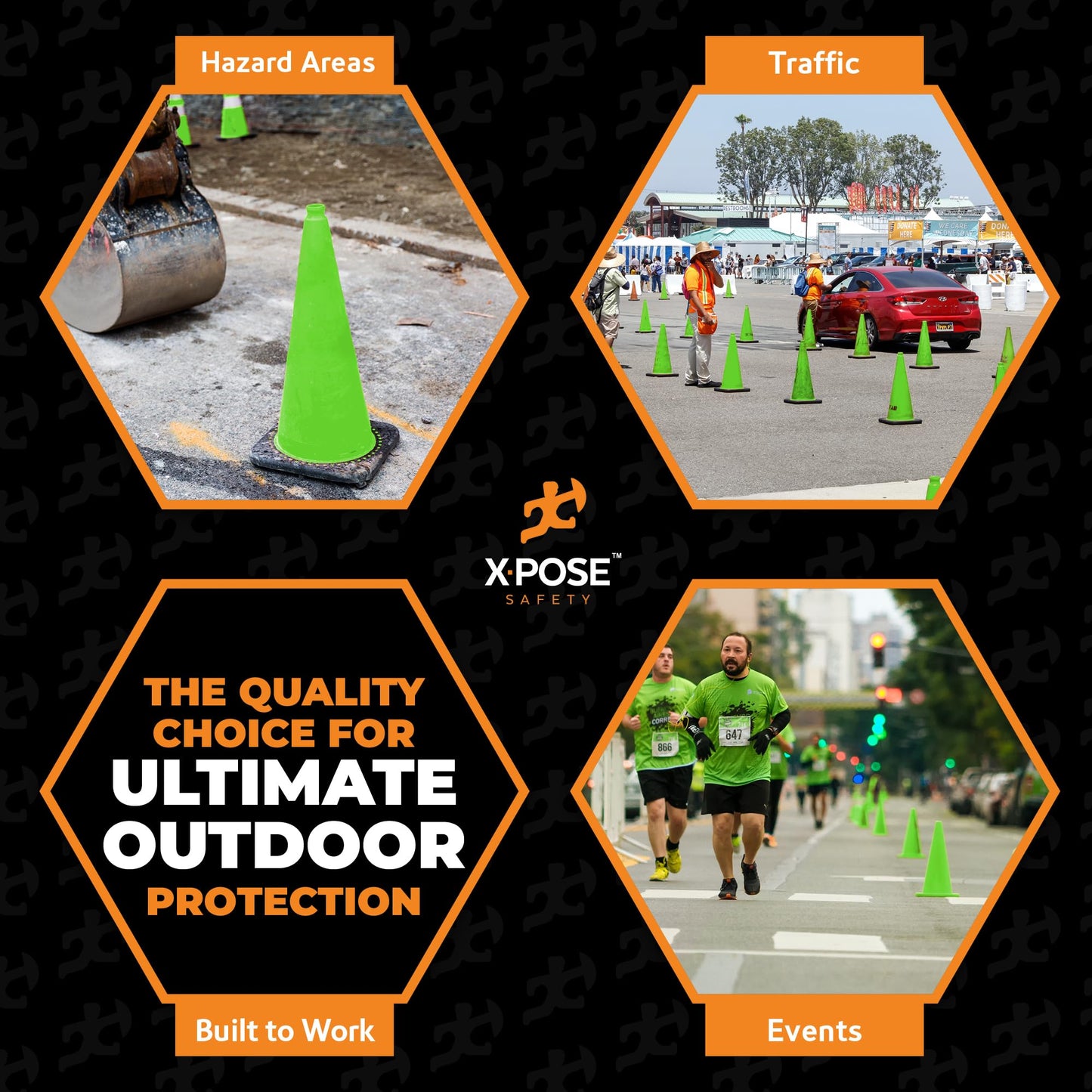 Xpose Safety 28” Lime Green Traffic Cone - 6 Pack - Premium PVC Safety Cone for Parking, Caution, Construction, Road Crews, Emergency Vehicle - DOT Approved