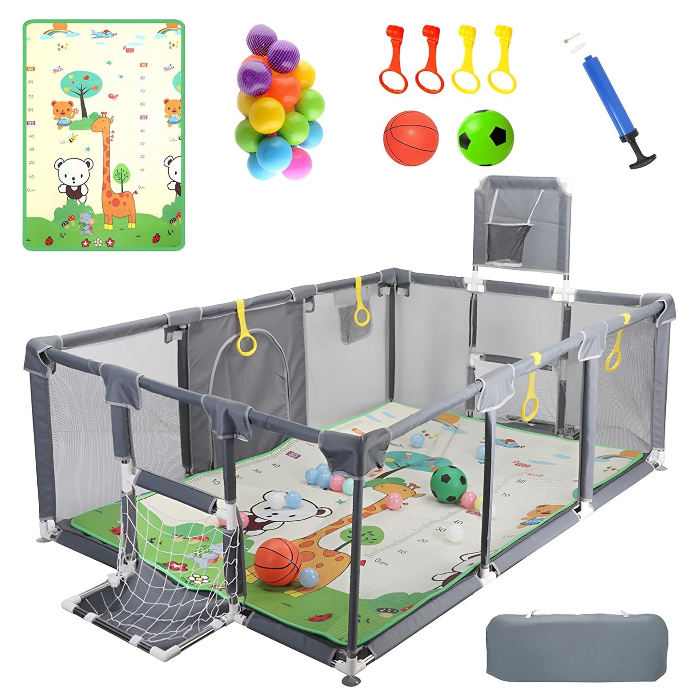 Upgraded Playpen - Enhanced Thick Foldable Mat, Balls, 4 Rings, Storage Bag & Sports Nets - BPA-Free & Safe