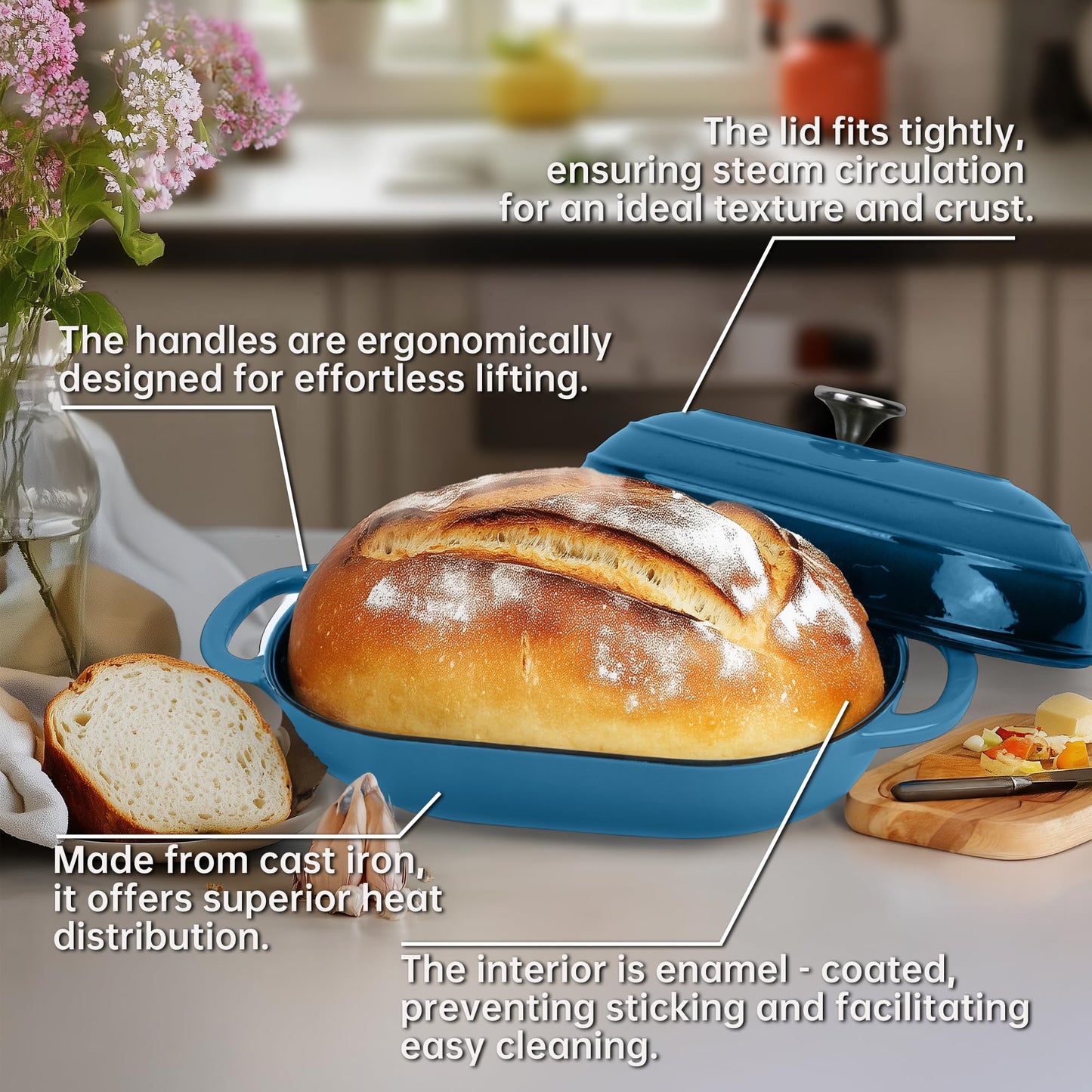 Fijxzct Premium Enameled Cast Iron Dutch Oven for Bread Baking | Non-Stick 5QT Oval Bread Oven with Lid | Perfect for Sourdough, Loaf, and Artisan Baking (Oval Blue, 5 QT)