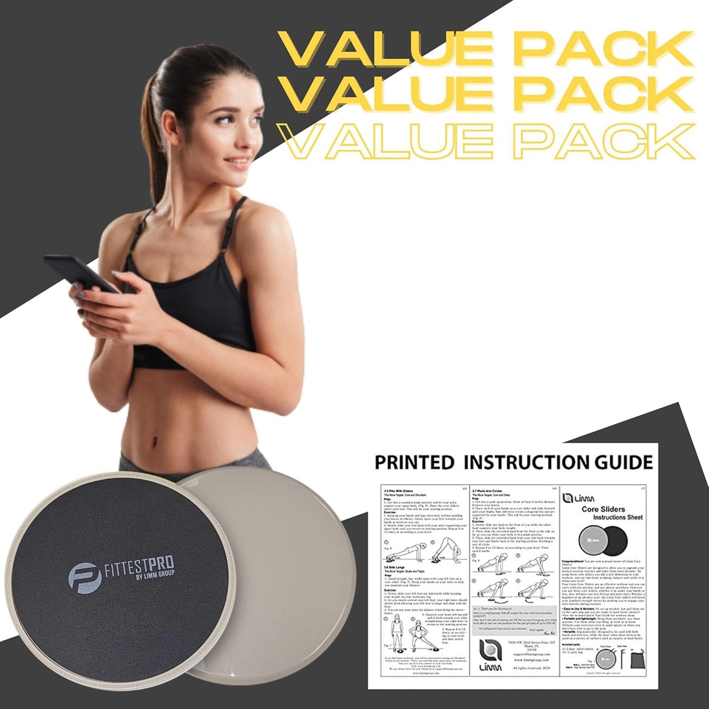 Limm Core Sliders Fitness - Exercise Sliders for Working Out, Stability, Ab, Legs & Full Body (Set of 2) - Bonus Carry Bag & Workout Ebook - Black Gym Gliding Disc Pads for Hardwood, Carpet & More