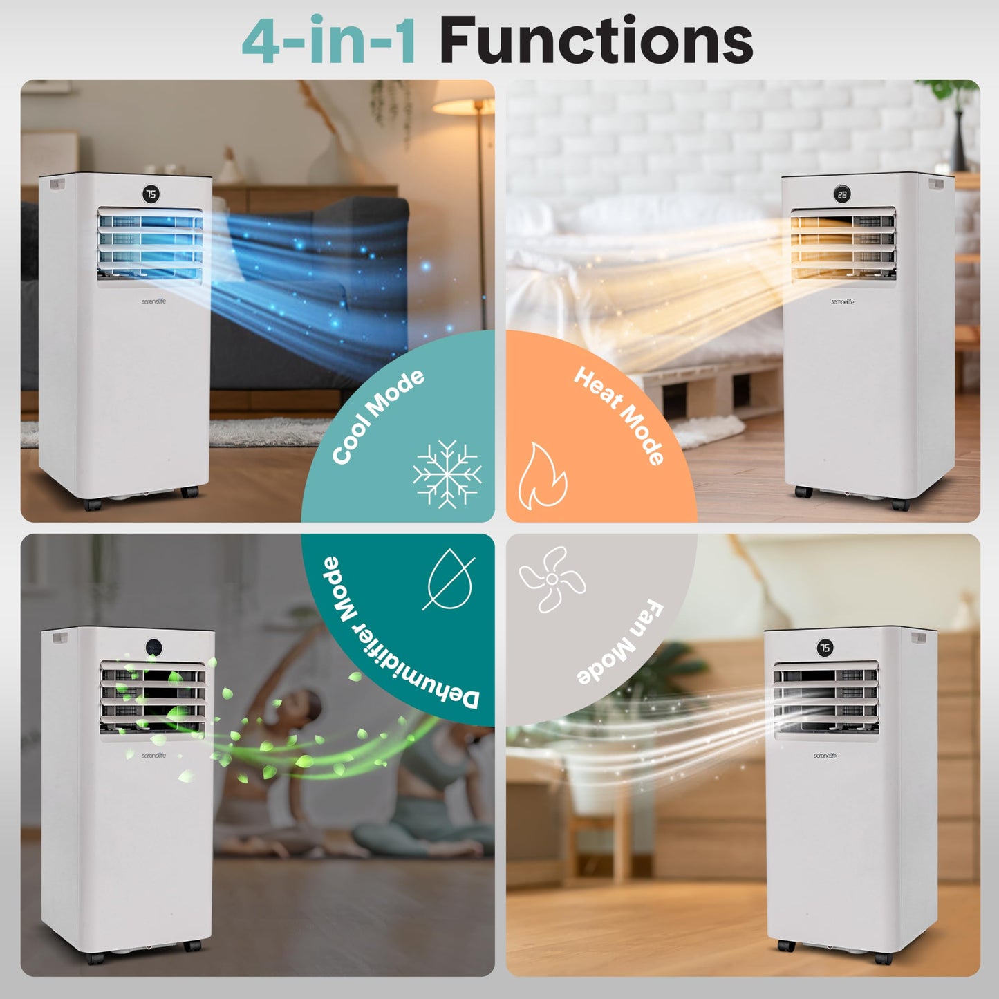 SereneLife 8000 BTU Portable Air Conditioner & Heater with WiFi, 4-in-1 Cooling, Heating, Fan & Dehumidifier, 24-H Timer, Covers 350 Sq Ft, for Bedroom, Home & Office, Includes Window Kit & Remote