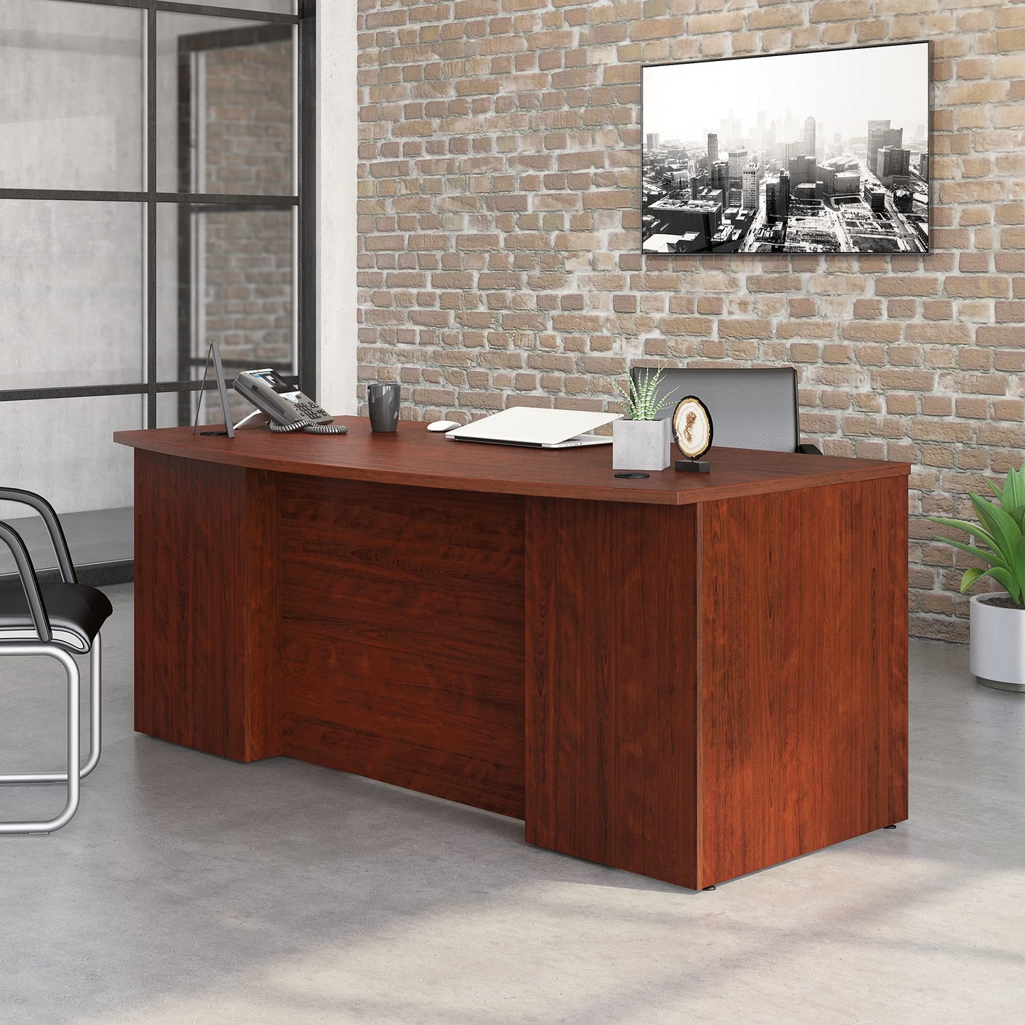 OfficeWorks by Sauder Affirm 72" Bowfront Commercial Exec Desk, Classic Cherry Finish