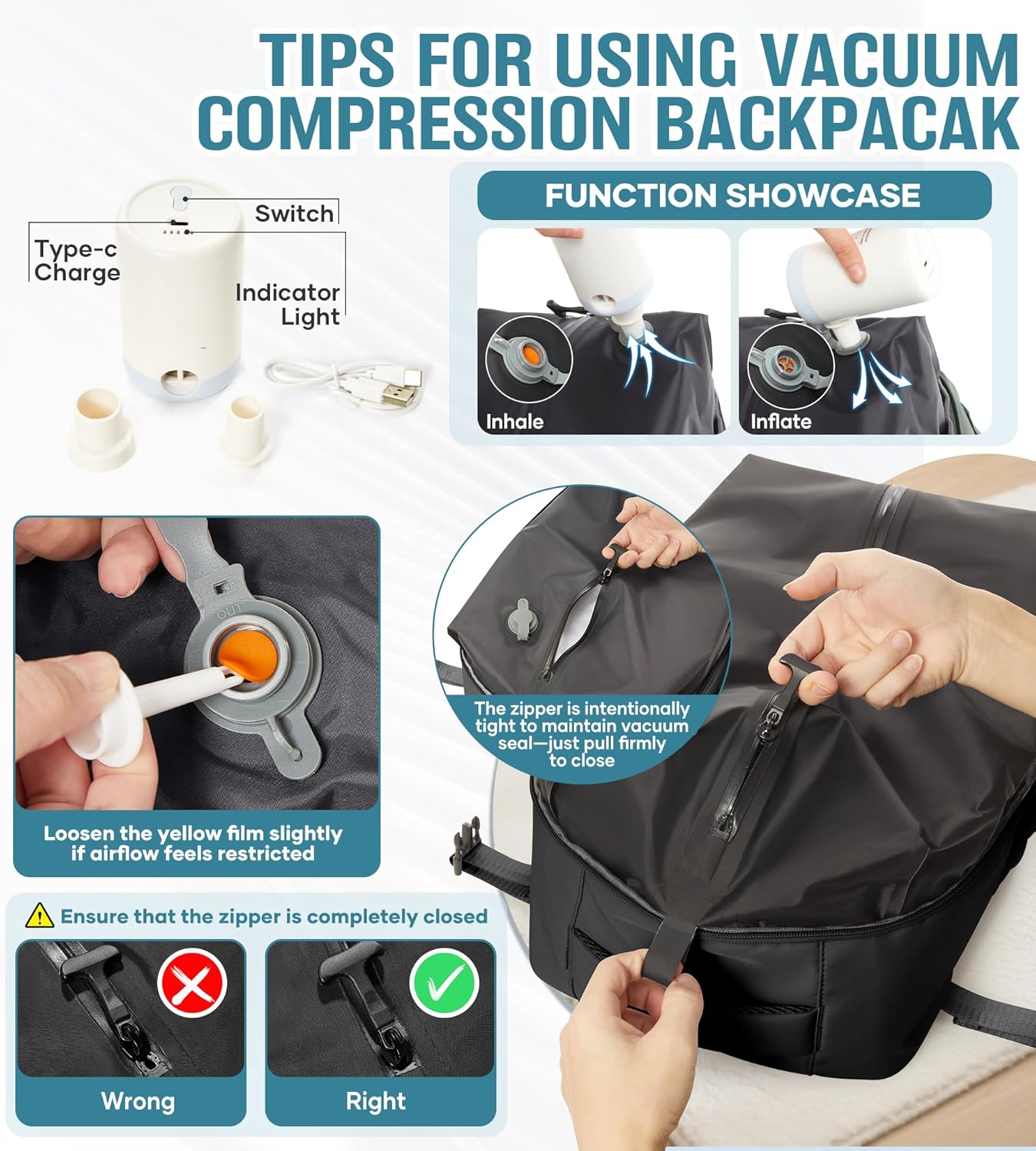 Backpack Backpacks 18x14x8 inches Daypack,Black BOXSAM Large Vacuum Travel with Pump for Women, Personal Item Carry on