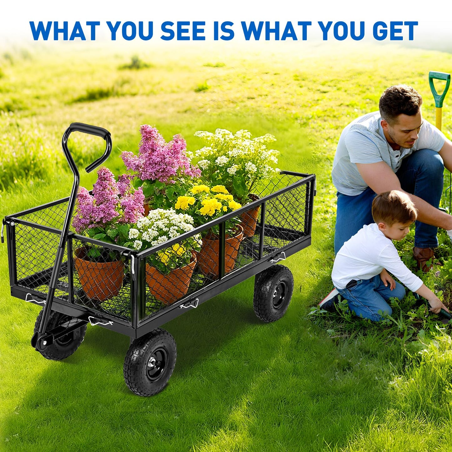 Yesker Steel Garden Carts - 1100lbs Dump Wagon with All Terrain Inflatable Wheels for Yard Lawn Farms Gardening - Heavy Duty Utility Outdoor Hauling Wheelbarrow