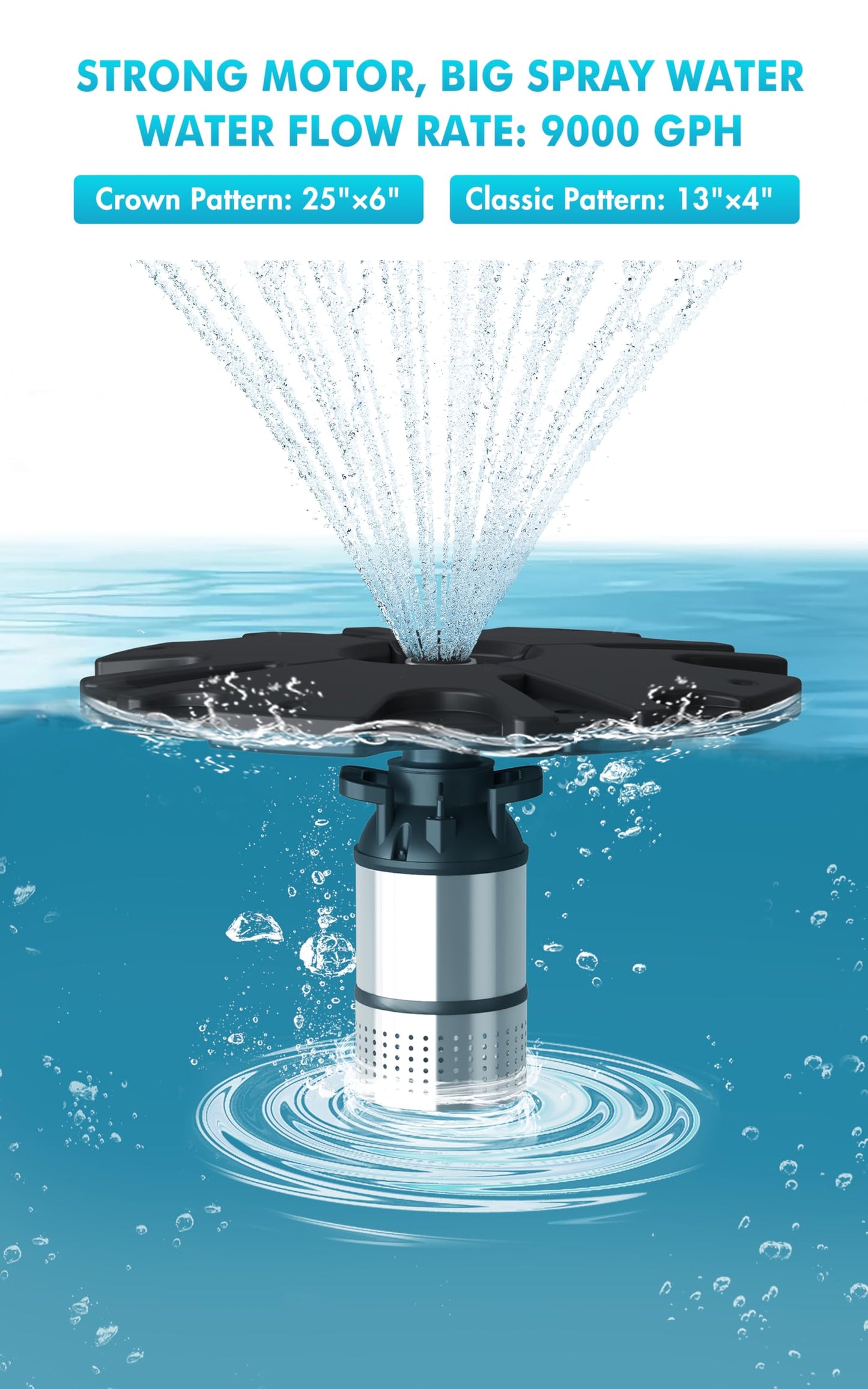 FS02 110V, 1/2 HP Large Pond Floating Fountain, Oil Free Pump 9000 GPH with 100’ Cord, Two Spray Patterns Included