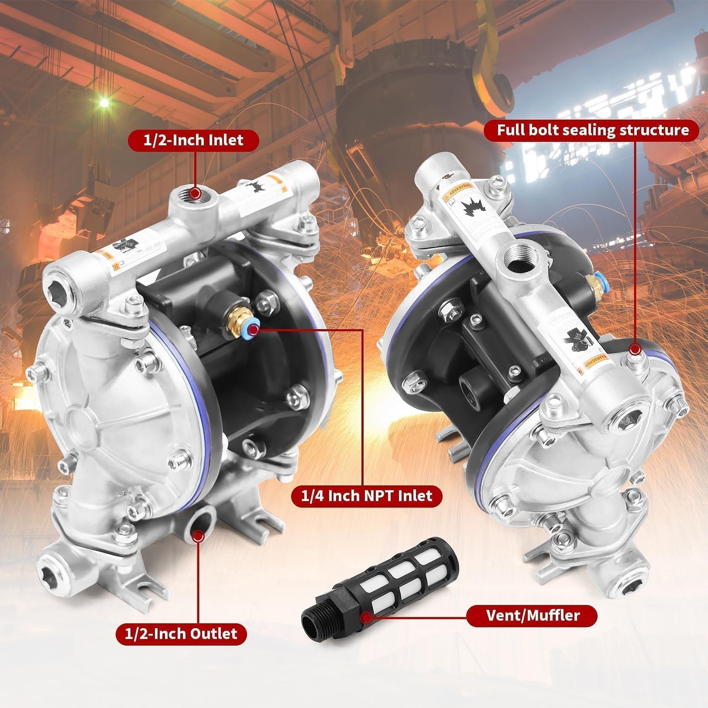Nakkaa SS Pneumatic Double Diaphragm Pump Stainless Steel 8.8GPM1/2" In/Out Max 120PSI, Used to Transport Various Low Viscosity Liquids Such as Hydraulic Fluid, diesel, coating,etc