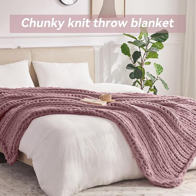 Negwoo Chunky Knit Throw Blanket, 60''*80'' Knitted Throw Chenille Yarn for Bed Couch, Handmade Muted Pink Crochet Big Thick Blanket, Machine Washable Cute Comfy Blanket for Home Decor