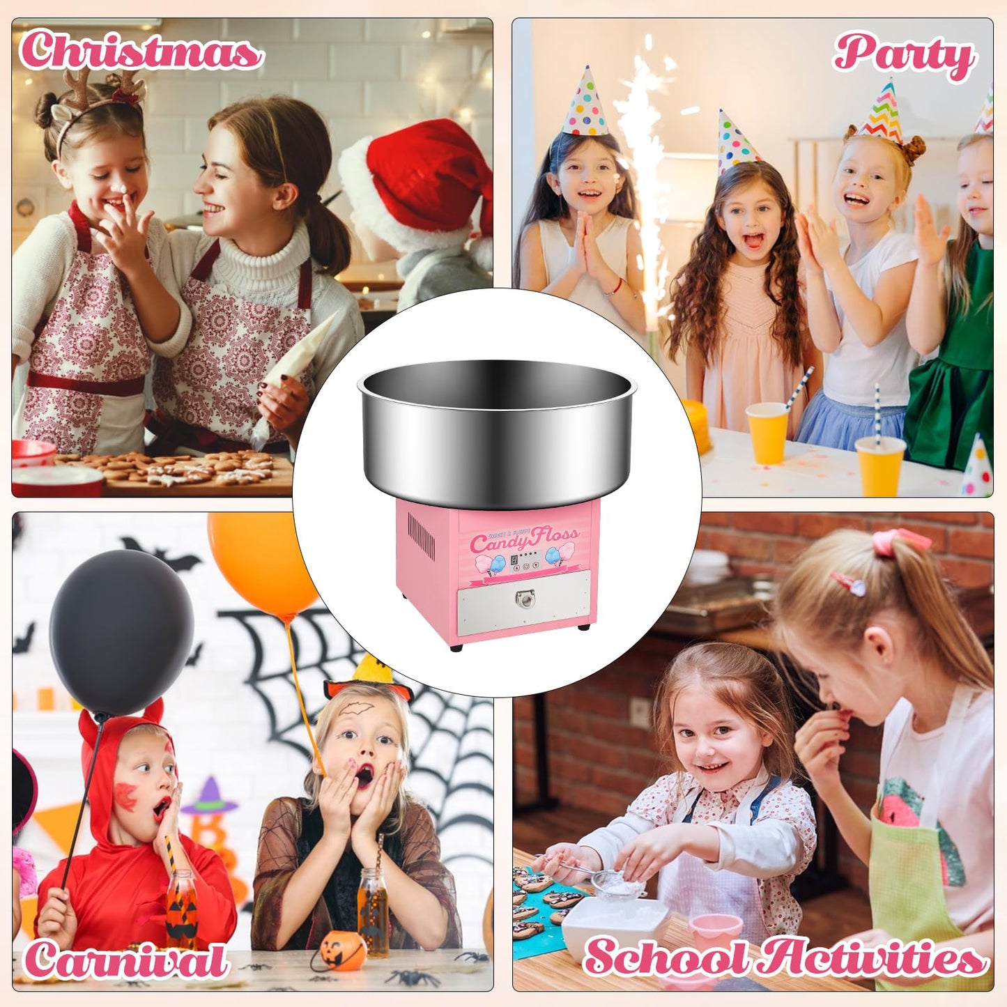 Garvee Candy Cotton Machine for Kids, Electric Commercial Candy Cotton Maker with 20 in Stainless Steel Bowl for Home Family Party Festival Pink