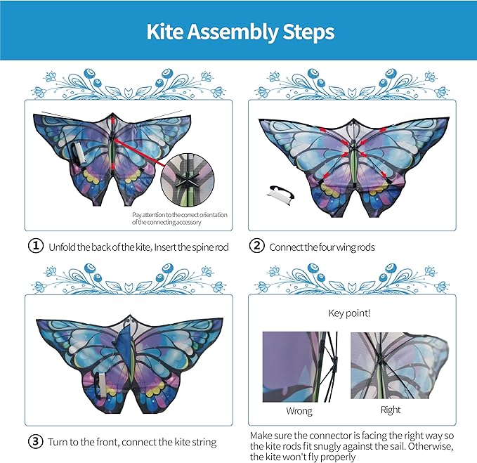 Simxkai Butterfly Kite for Kids & Adults, Easy to Fly Blue Big Kite for Beginners, Line Handle Included (1Pack 2Pack)