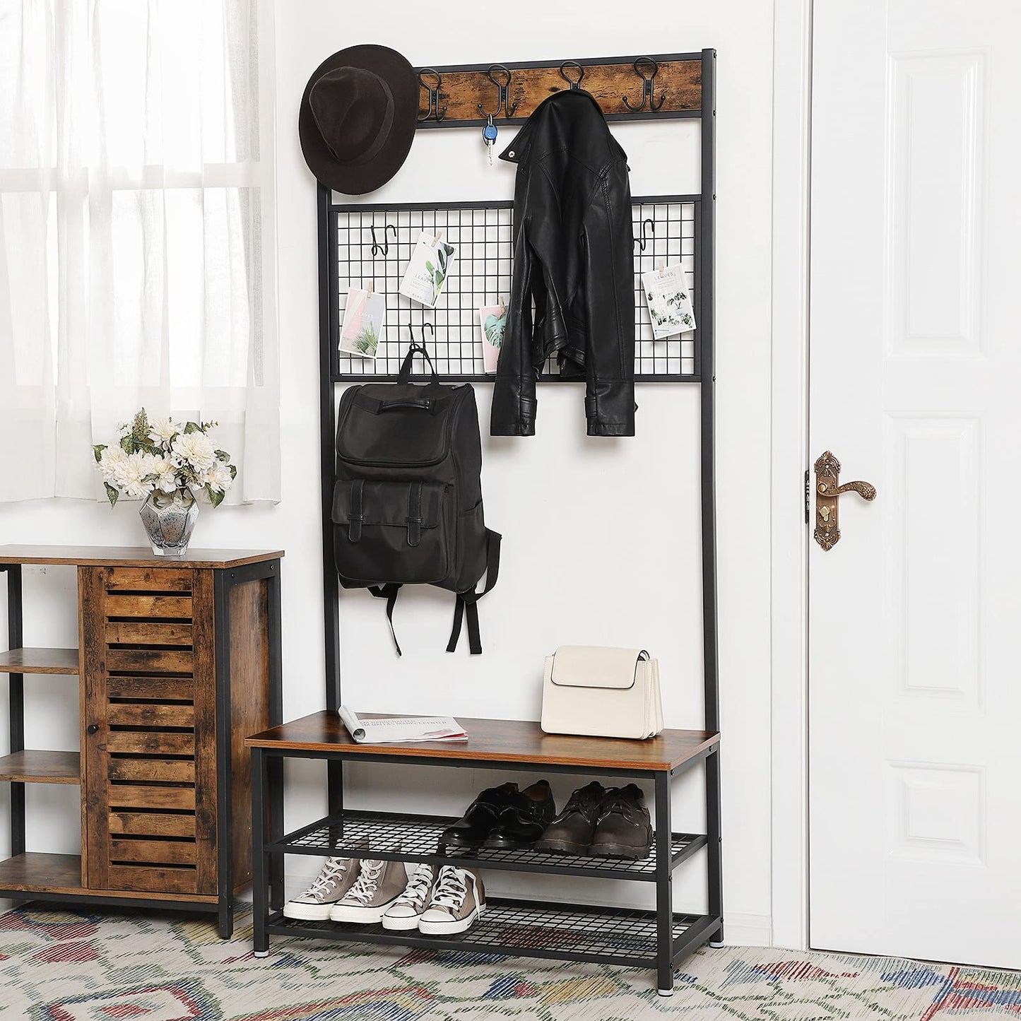 VASAGLE Industrial Coat Rack Stand, Shoe Rack Bench with Grid Memo Board, 9 Hooks and Storage Shelves, Hall Tree with Stable Metal Frame, Rustic Brown UHSR46BX