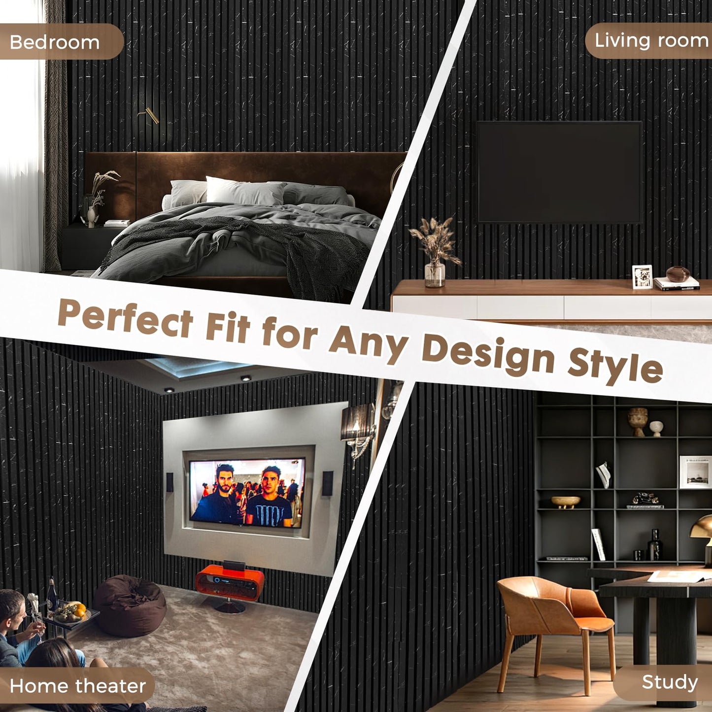 Wood Wall Panels for Interior Wall Decor, 2 Pack 94.5"x12.6"(16.5ft²) Wood Slat Acoustic Panels, Soundproof Panels for Noise Cancelling and Decoration, Living Room, Bedroom, Office, Black Marble