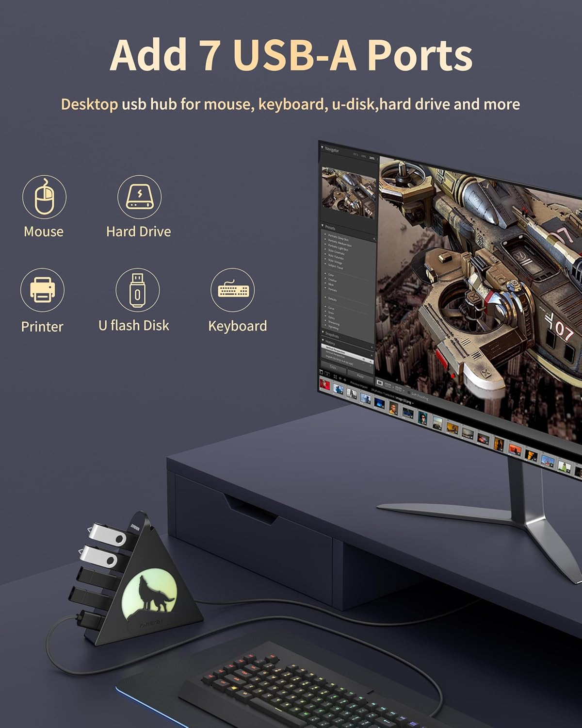 JoyReken 7-Port 3.0 Lighting,5Gbps 2FT PS5, USB Hub, Vertical USB Hub Splitter with RGB High-Speed Data Transfer