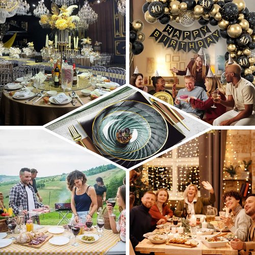 N9R 180 PCS Disposable Dinnerware Set with Gold Rim for 30 Guests,Green Plastic Plates Include 30 Dinner Plate, 30 Dessert Plates, 30 Cups, 90 Heavy Duty Gold Plastic Silverware for Party & Wedding