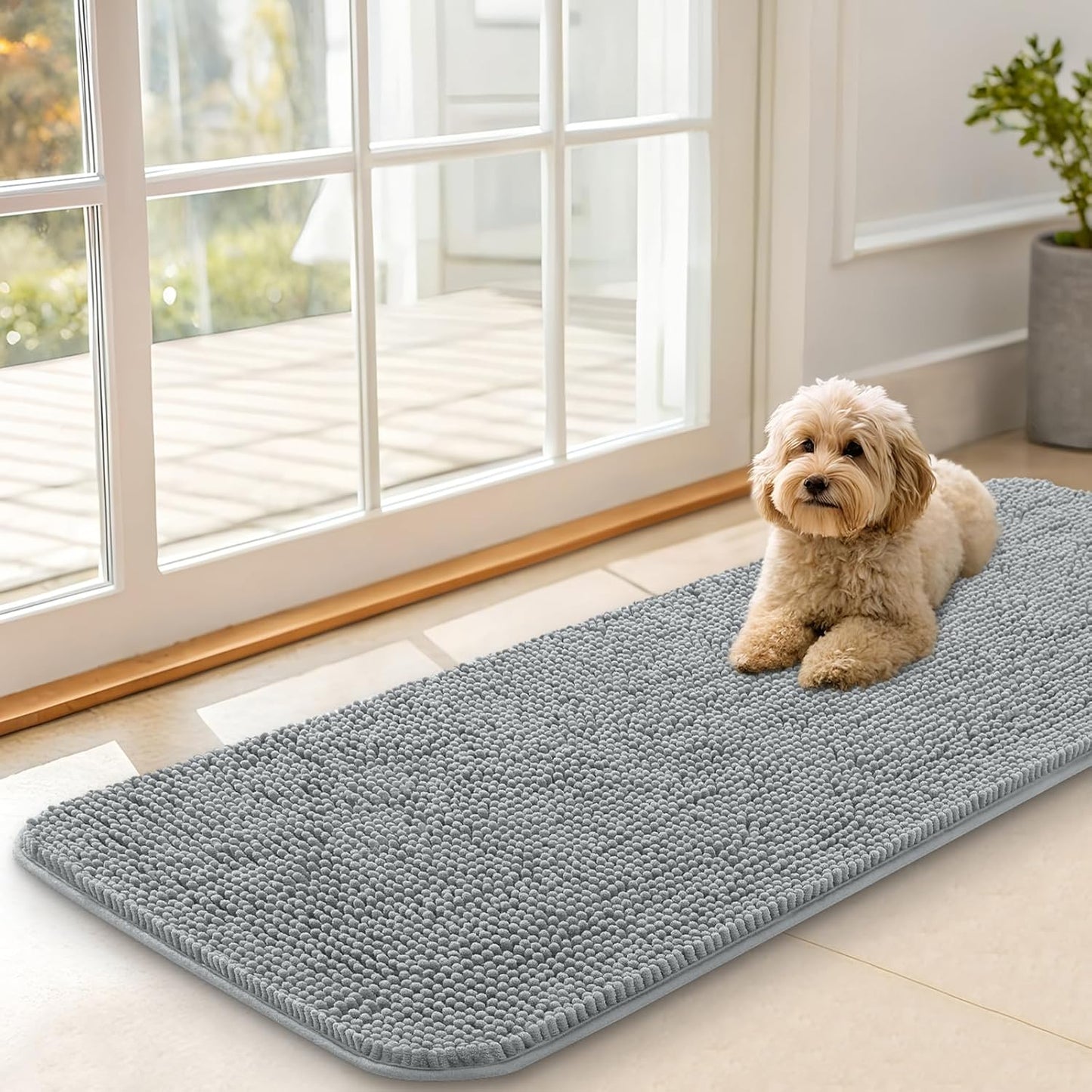 OLANLY Dog Door Mat - Absorbent Non-Slip Chenille Mat for Muddy Paws | 47x17 Inches, Grey