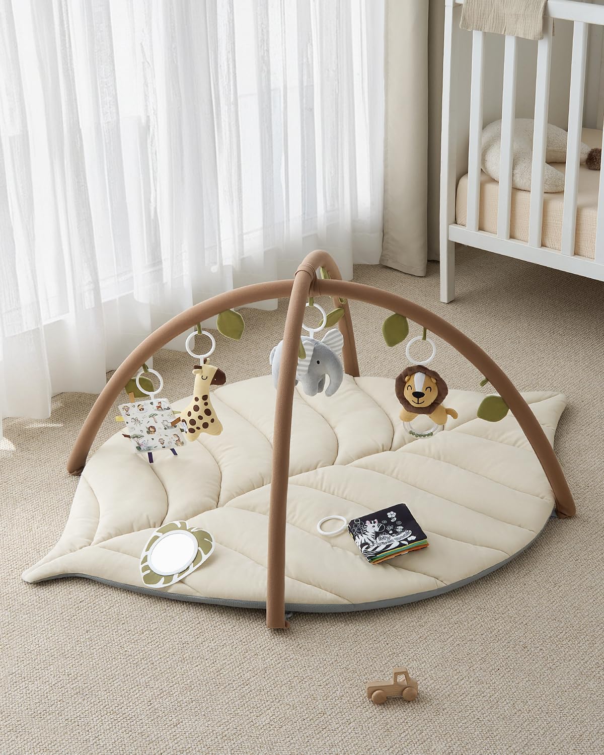 Blissful Diary Baby Play Gym & Activity Mat, Leaf Shaped Baby Tummy Time Play Mat with 6 Detachable Toys, Promotes Motor Skills & Sensory Development, Newborn Baby Essentials Gift, Oatmeal Beige