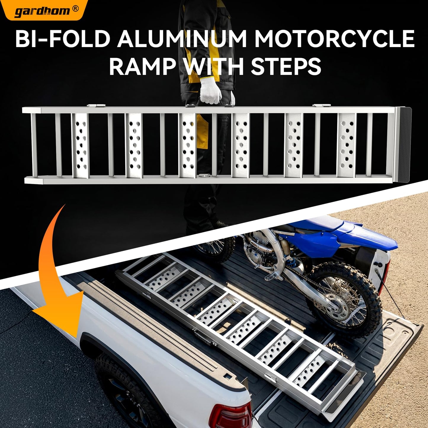 gardhom Aluminium Motorcycle Ramp with Steps, 900 LBS Capacity Folding Dirt Bike Ramp for Pickup Trucks, Portable Loading Ramps for Motorcycle, Dirtbike, Bike