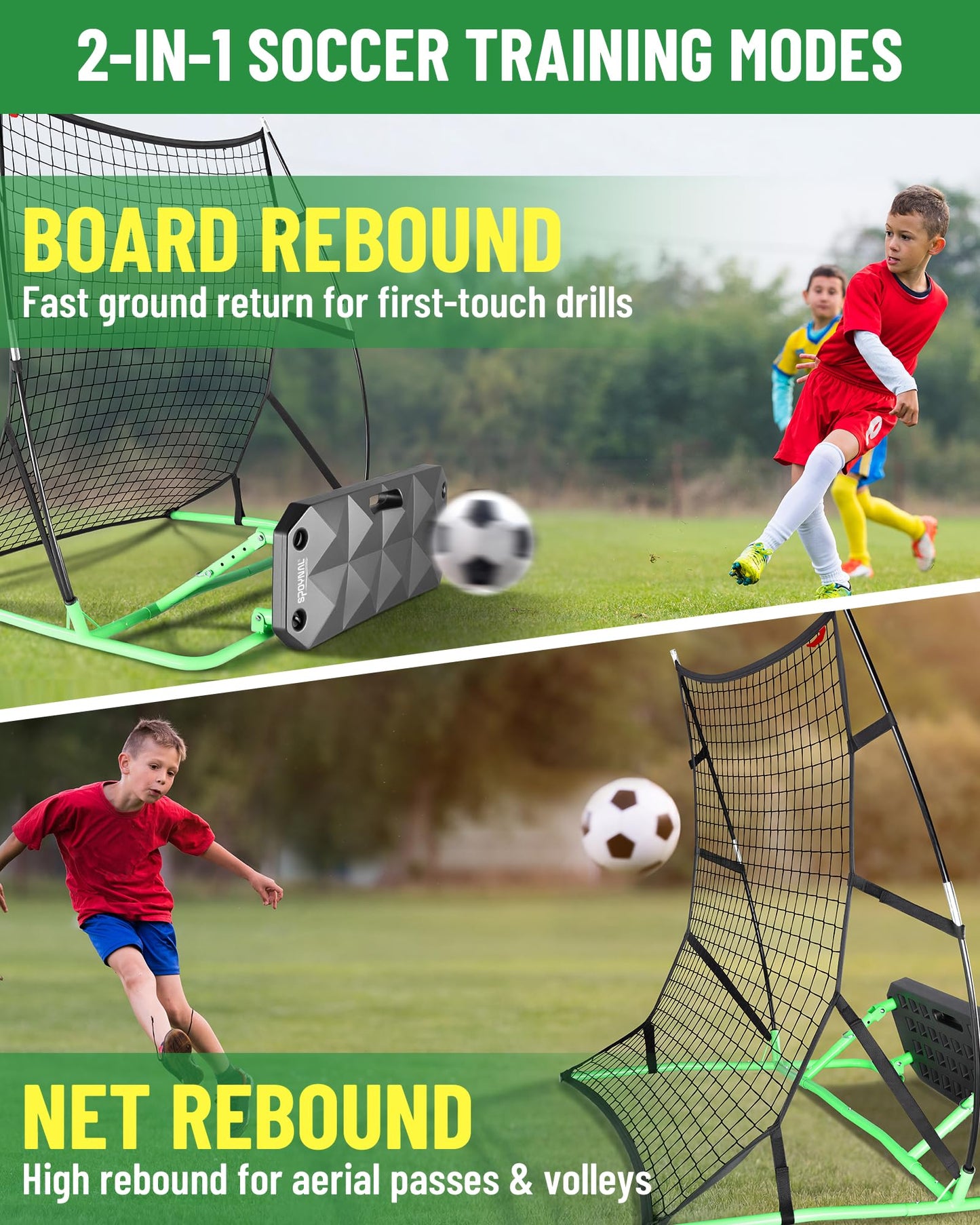 SPOYNAL 2-in-1 Soccer Rebounder with Adjustable Dual-Sided Rebound Board, Soccer Rebounder Net for Passing, Volleys & Ground Drills, Soccer Training Rebound Net for Solo & Team Practice